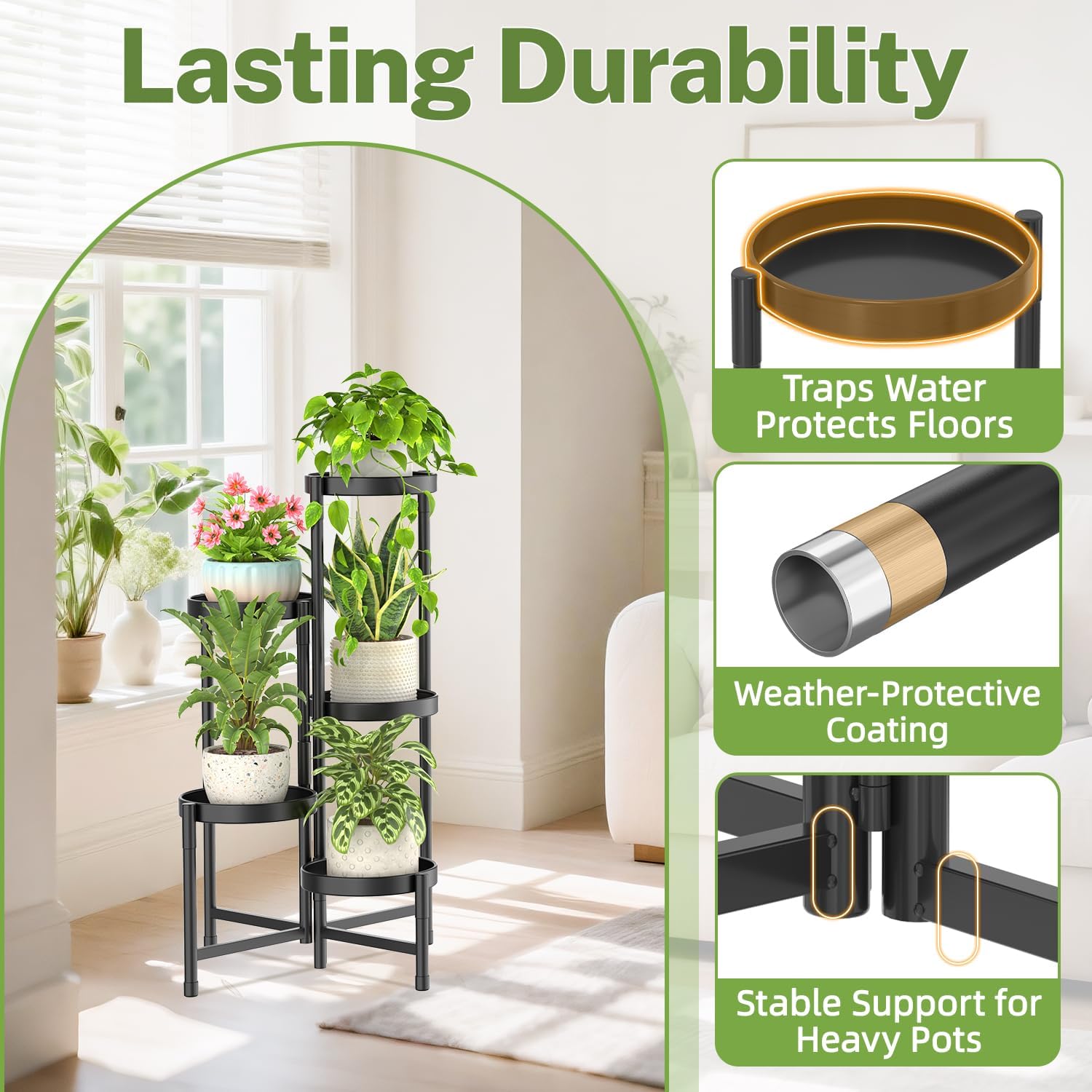 Detalle de iDavosic.ly-1022 5-Tier Metal Plant Stand, Foldable Black Corner Shelf