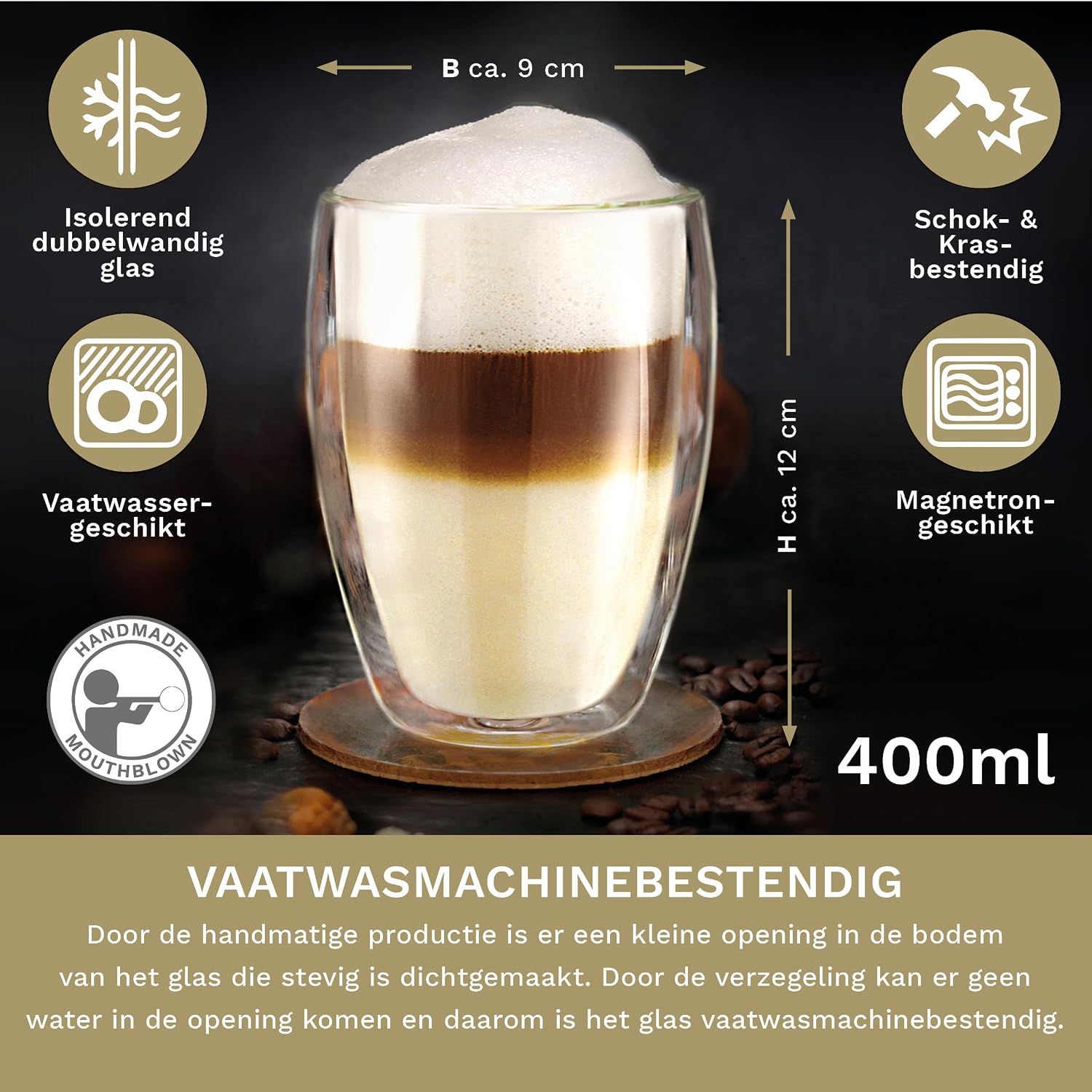 Detalle de Creano DG-Hoch dubbelwandige thermoglazen 400 ml, set van 6