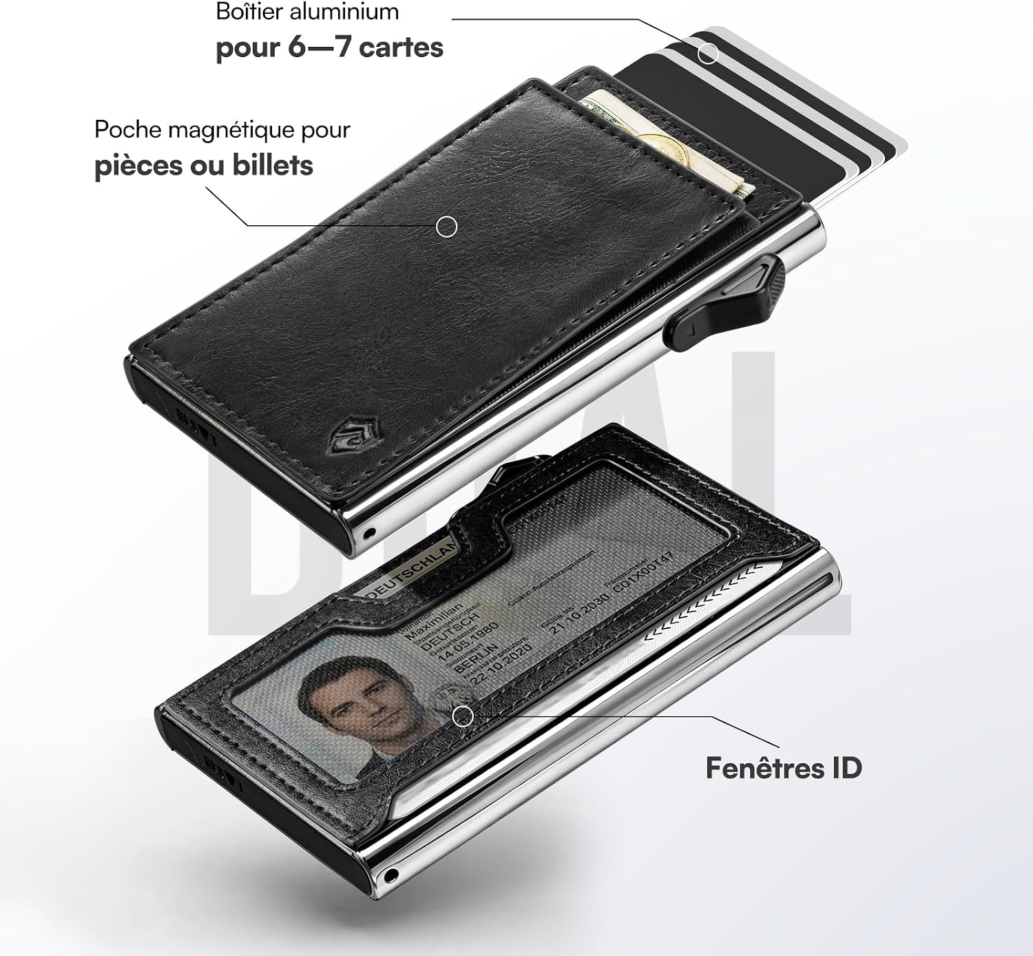 Detalle 2 de YESIIW Portefeuille Homme en Aluminium — Pop Up pour 6 Cartes, RFID et Fenêtre ID, design Bauhaus, Nero