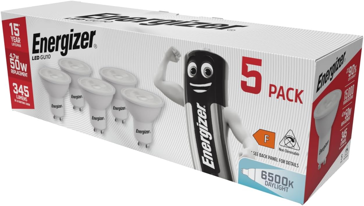 Detalle de Energizer GU10 Daylight White LED Bulbs (6500K) – 4.7W, 345lm, Non-Dimmable, Pack of 5