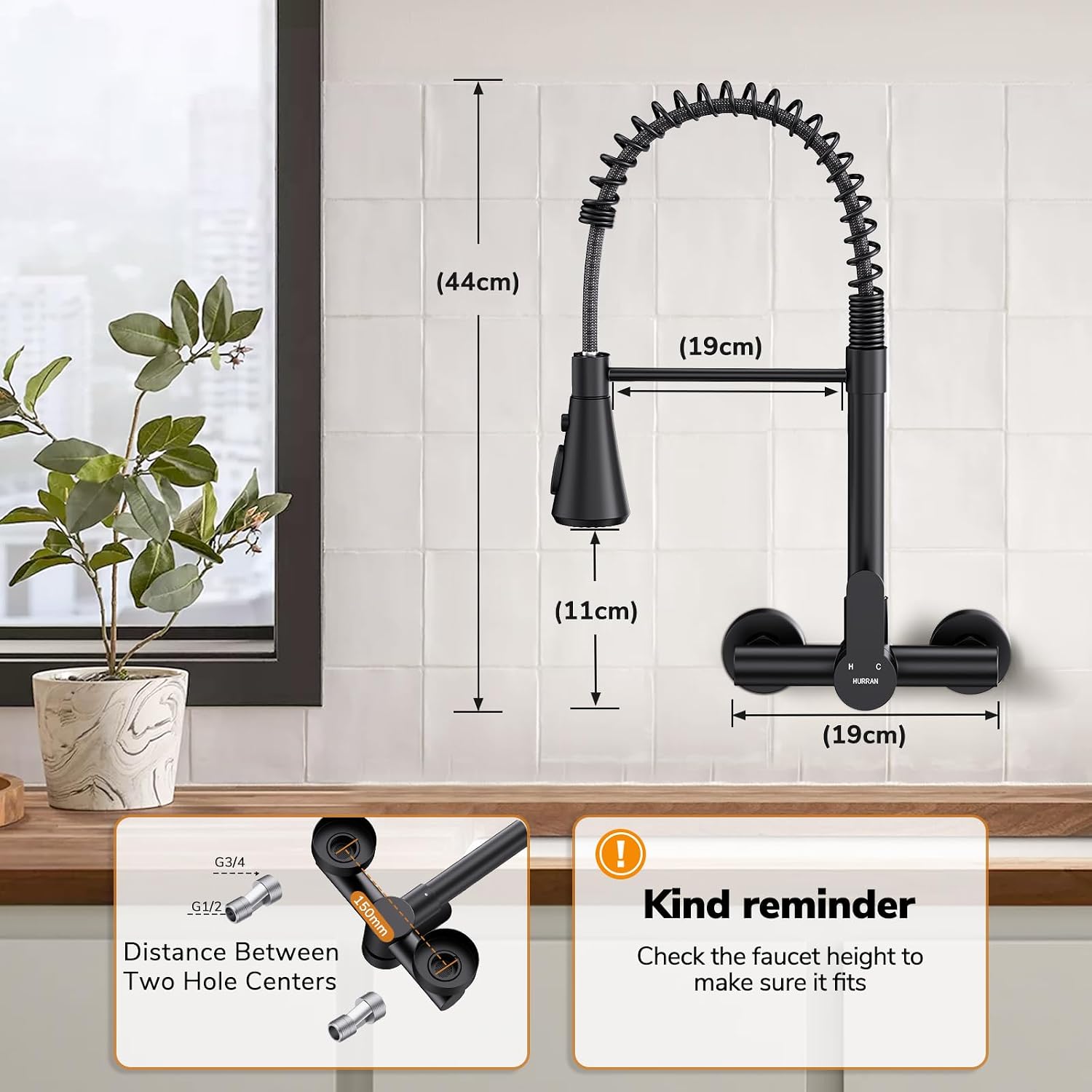 Detalle 2 de HURRAN Rubinetto Cucina a Muro con 3 modalità, monocomando girevole 360° e finitura nero opaco