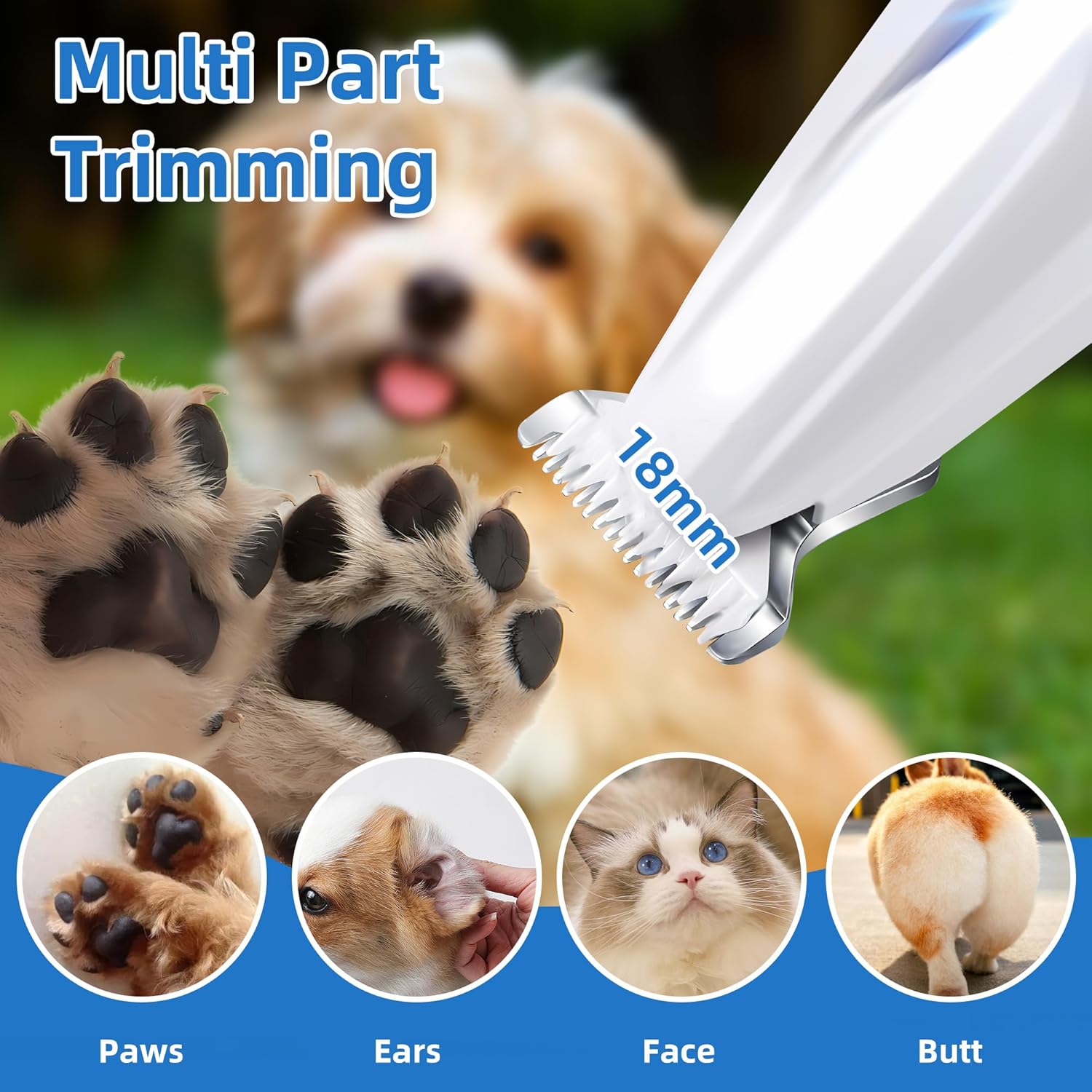 Detalle 2 de Pet Dog Cat Paw Trimmer & Grooming Kit with LED Light – 5-in-1, Quiet, Waterproof, USB Rechargeable