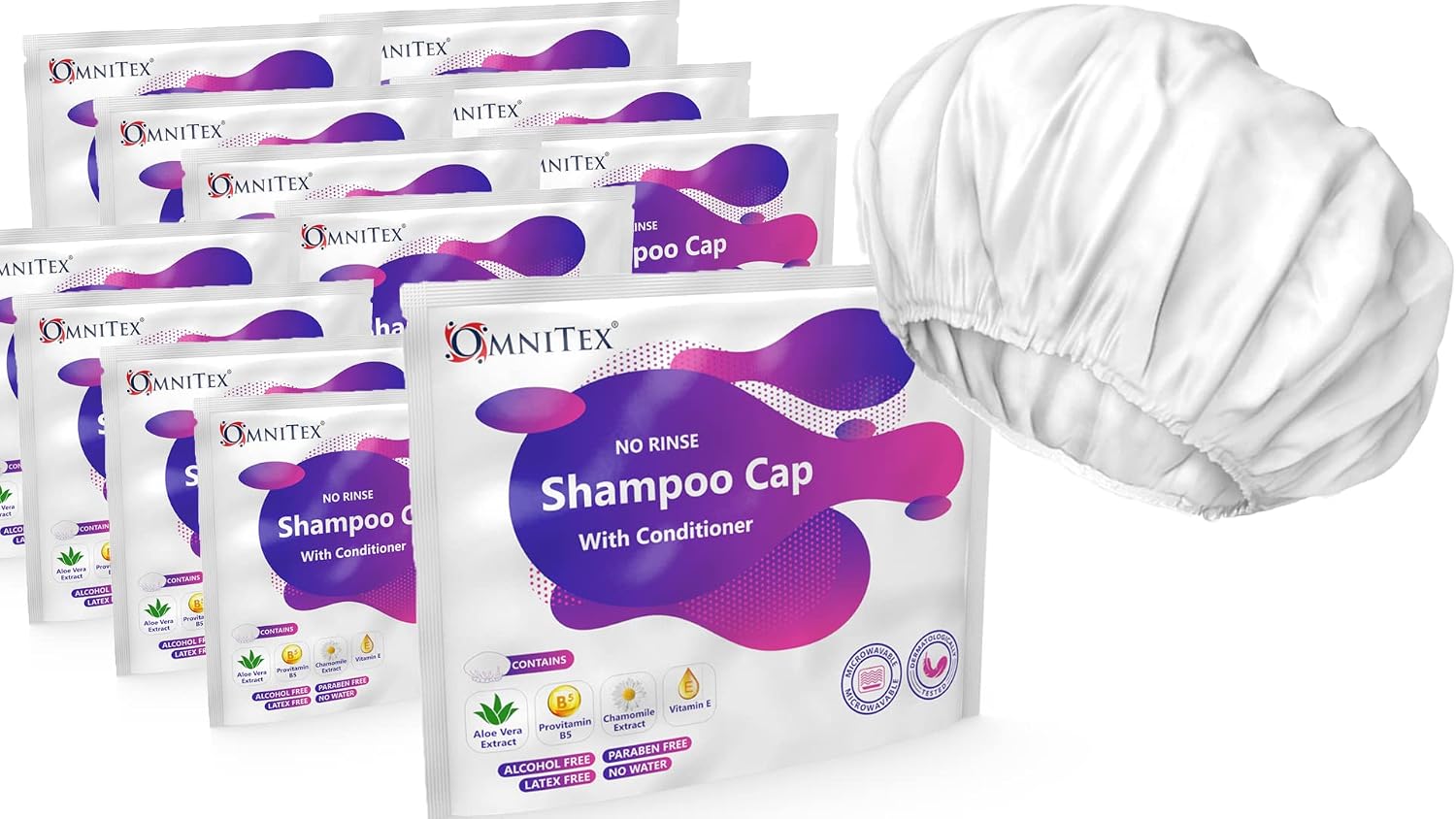 Detalle de Omnitex Premium Rinse Free Shampoo Cap (with Conditioner & Vitamins) – Microwaveable, 6pk