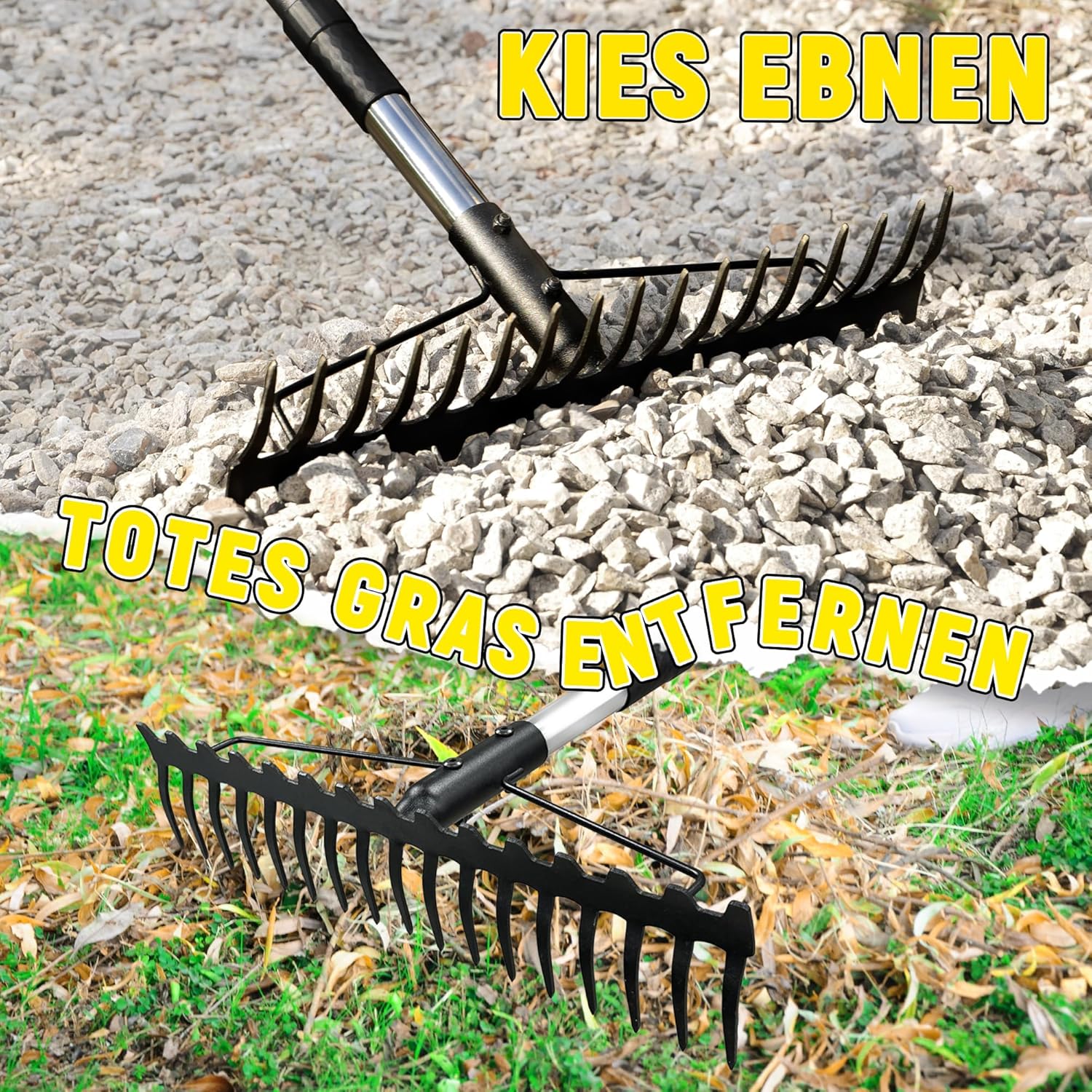 Detalle 2 de BlumeTrec Gartenrechen 1,7 m – 17 Zinken, Zwei-Seiten Kopf, Edelstahlgriff