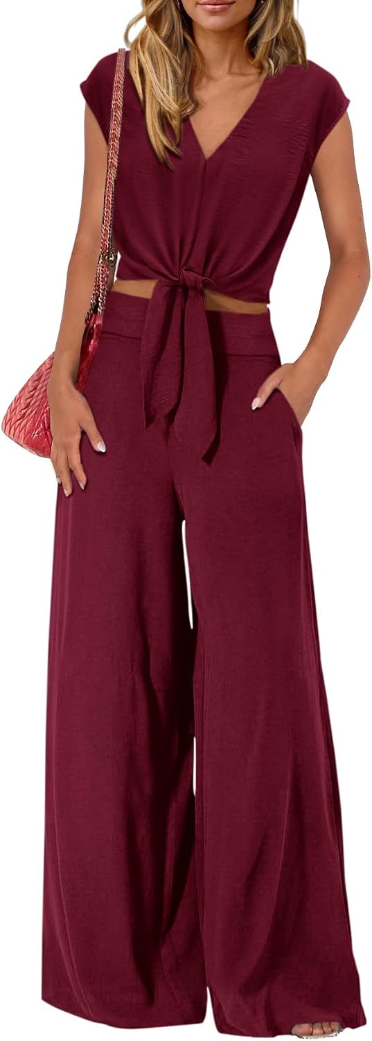 Detalle 2 de PrettyGarden Women's Summer 2-Piece Set Cap Sleeve Crop Tops & Wide Leg Pants