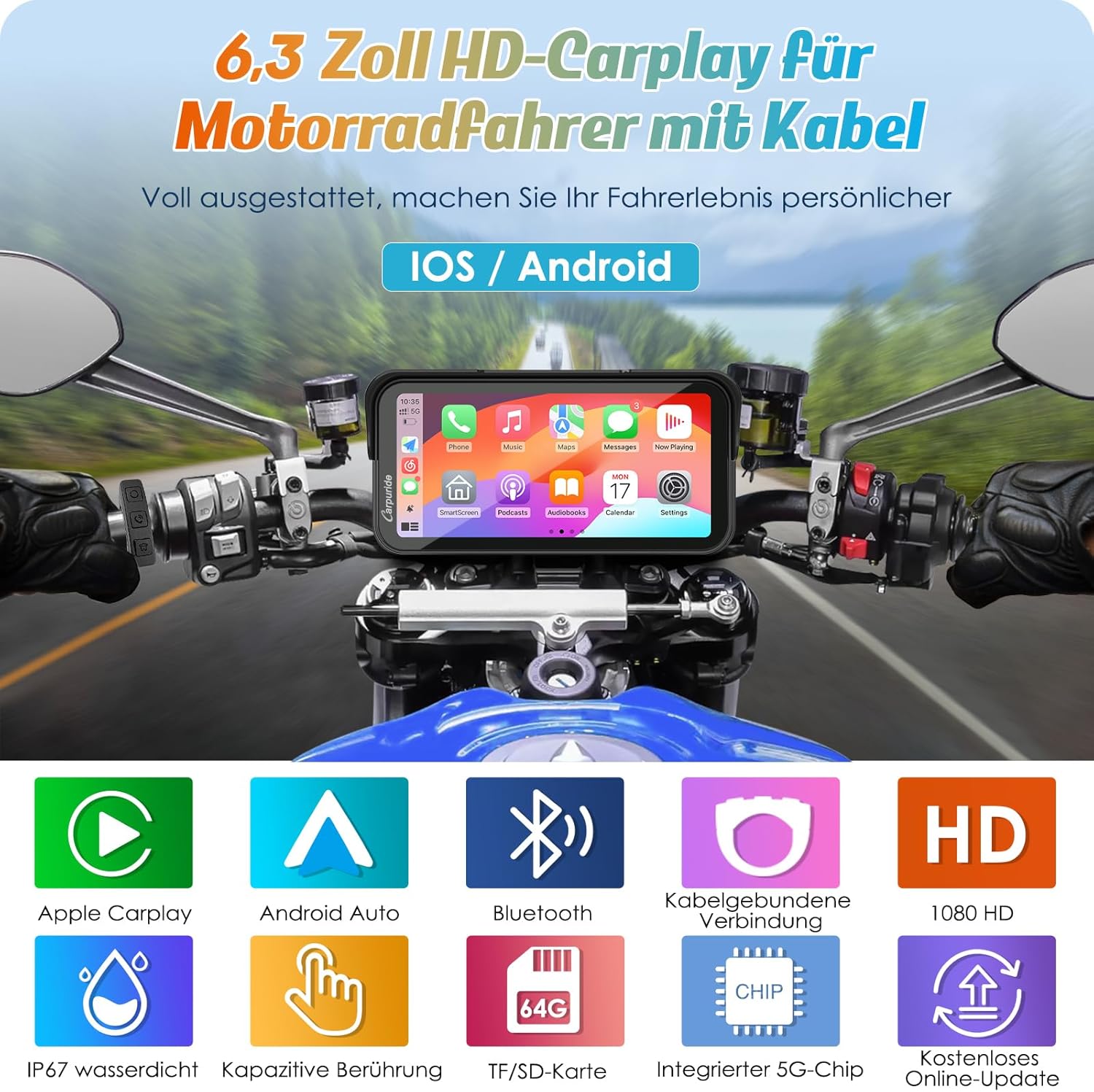 Thumbnail 1 de Carpuride W603 Motorrad-CarPlay-Bildschirm mit kabellosem CarPlay/Android Auto, 6,3" Touchscreen & IP67