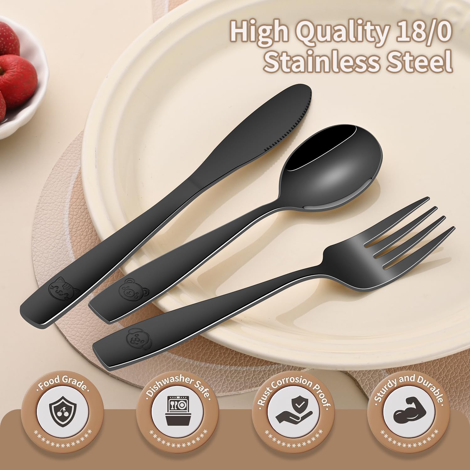 Detalle 1 de Dehov Black Kids' Silverware Set, 12-Piece Stainless Steel, Dishwasher Safe