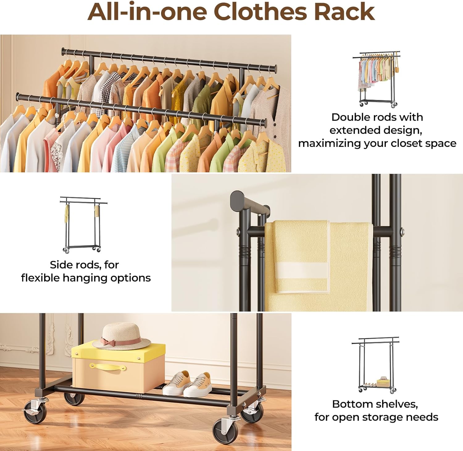 Thumbnail 1 de HYSEYY Double Rod Clothes Rail with Lockable Wheels – 160H x 113W x 42D cm, Black