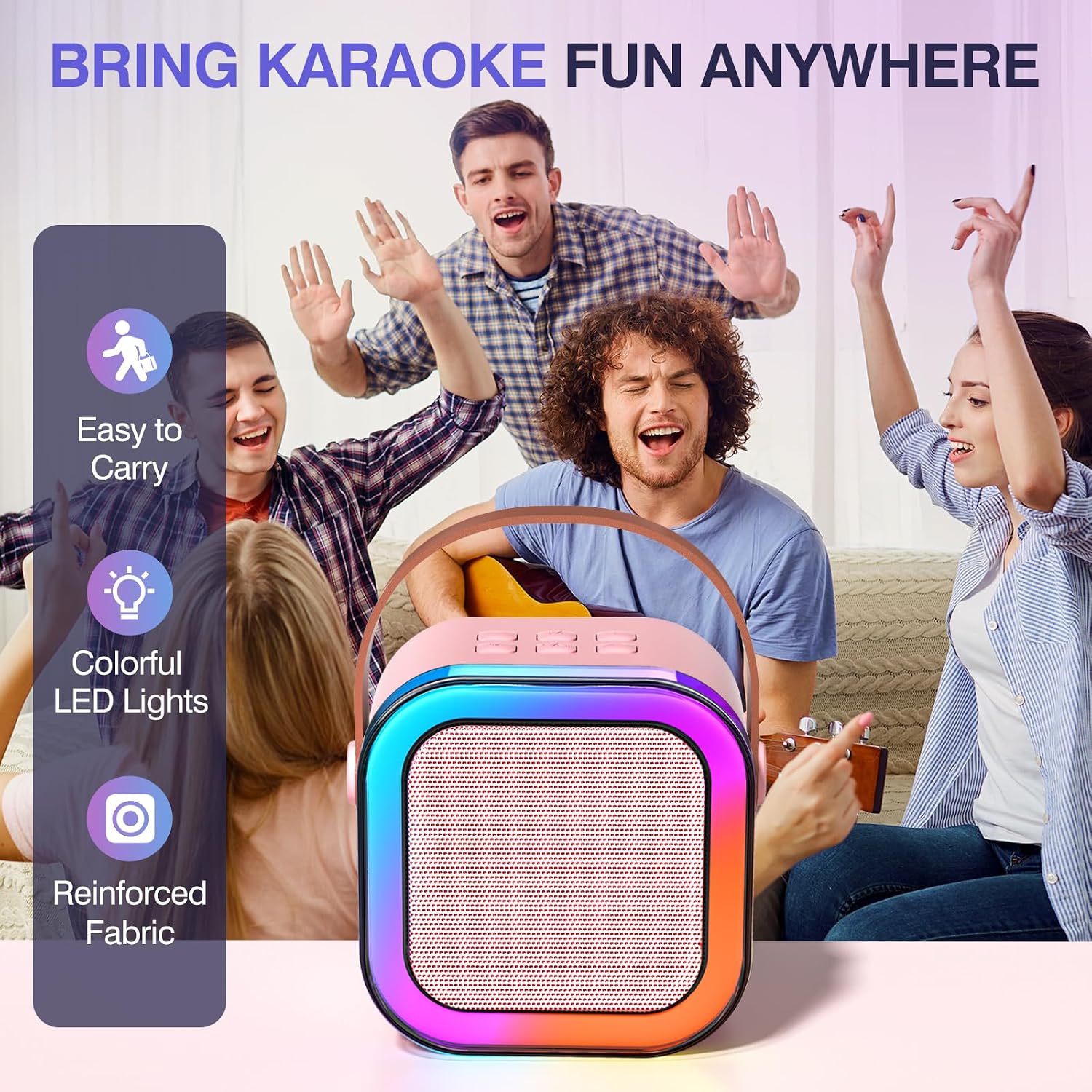 Detalle 2 de TAEMVV k12 Mini Karaoke Machine with Two Wireless Microphones and LED Light