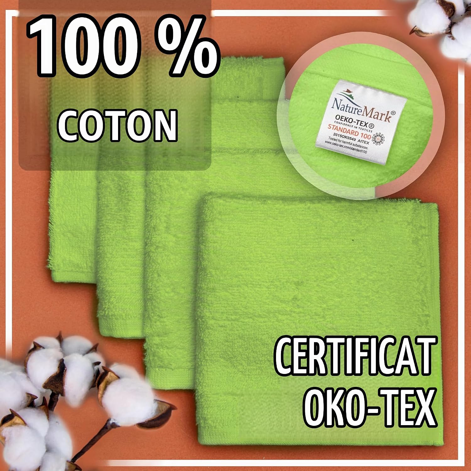 Thumbnail 5 de NatureMark NM-TWL-500-AG-33 washandjes, 10 stuks, 100% katoen, appelgroen