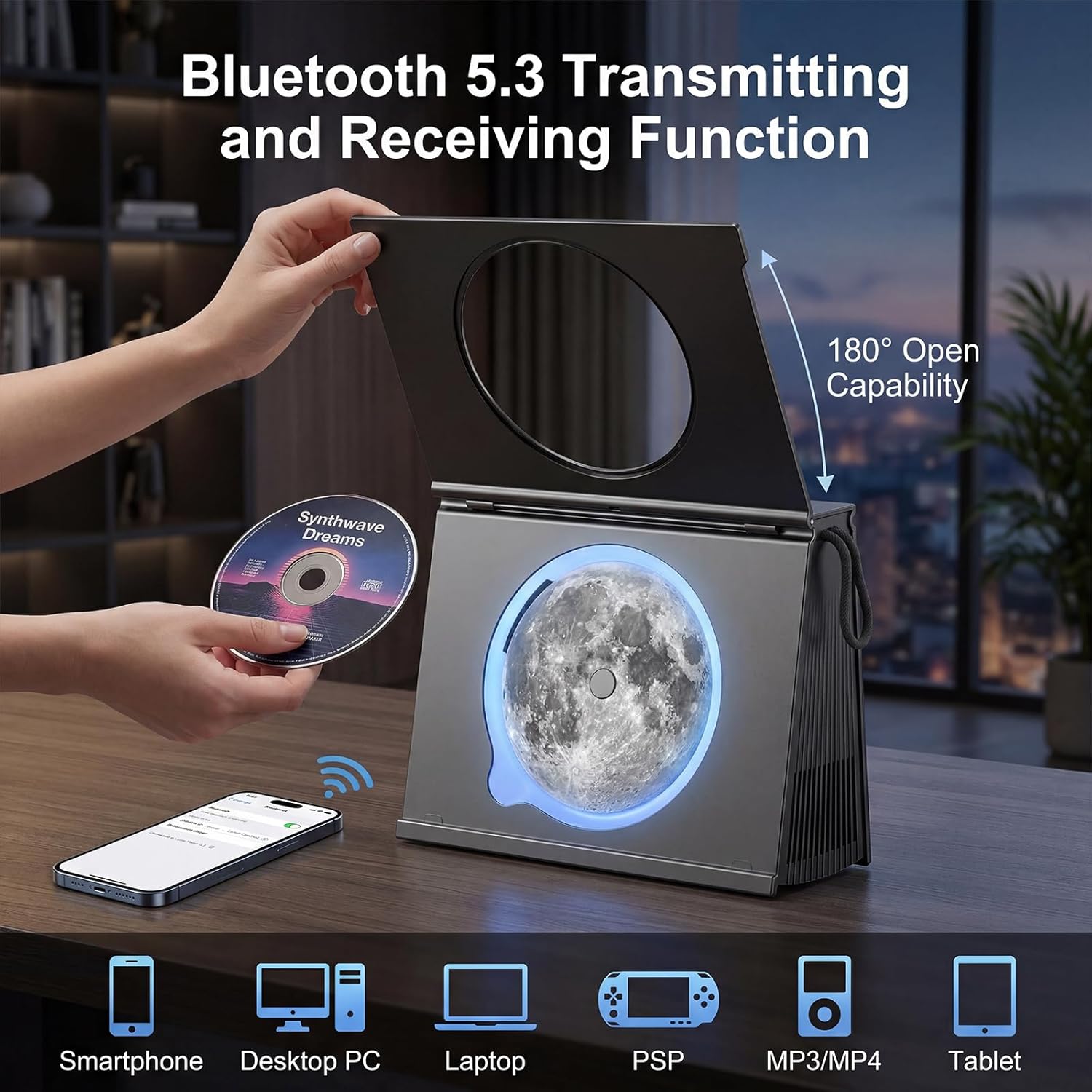 Detalle de Gueray Lettore CD Portatile con Luci Bluetooth 5.3 – Design Libreria e Batteria 4000mAh