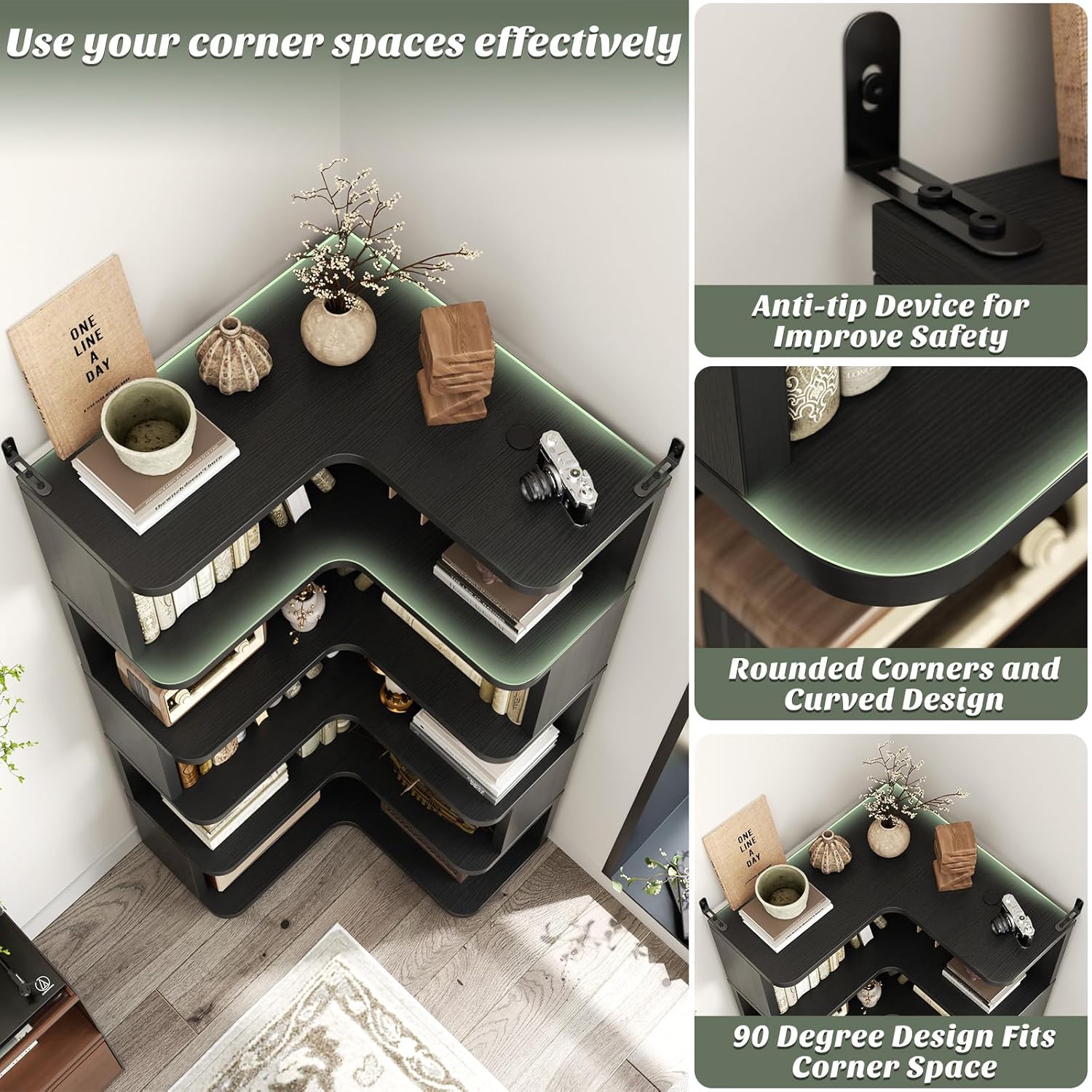 Detalle de Armocity Corner Book Shelf - 6 Tier Corner Bookshelf with Baffle, Freestanding L-Shape Display Shelf for Home & Office