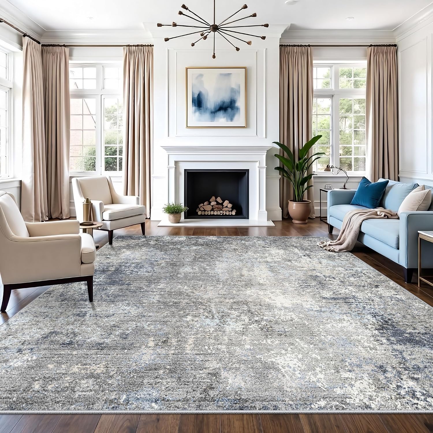 Detalle de BYYVOO 12x12 Square Area Rug for Living Room – Washable, Non-Slip, Modern Abstract in Blue Gray