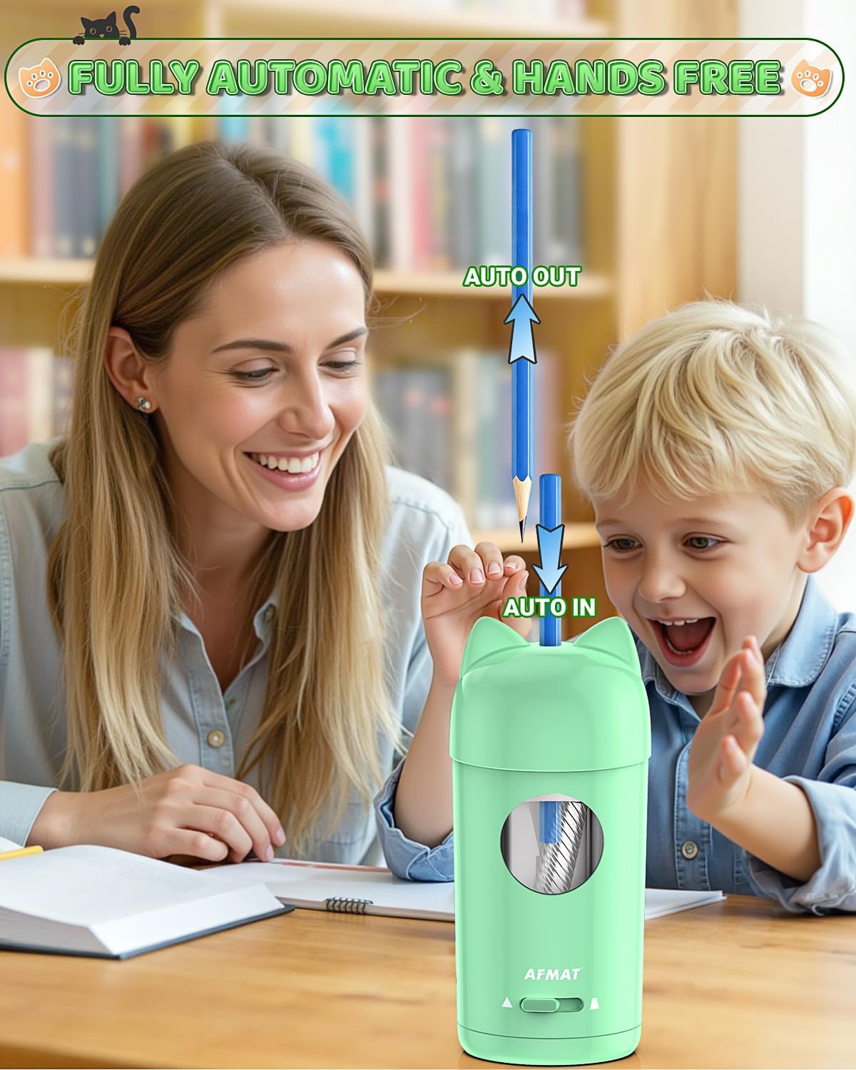 Thumbnail 1 de AFMAT Fully Automatic Electric Pencil Sharpener with Cat-Ear Design (Green PSX9) for 7–8mm Pencils
