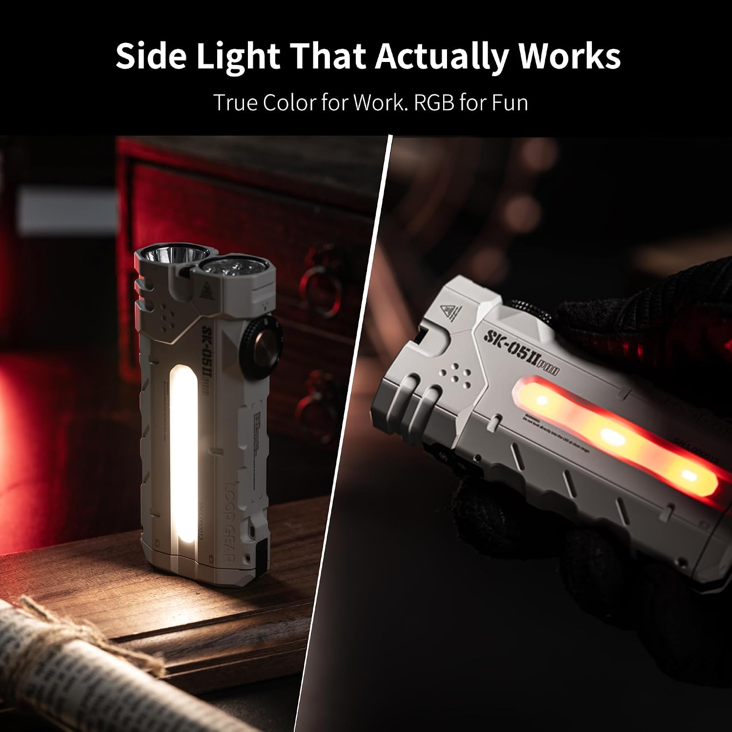 Detalle de LOOP GEAR SK05 Pro 2 EDC Torch: 5000LM Rechargeable Spotlight and Floodlight with High-CRI Side Light and RGB, IP68, 2x 4000mAh Batteries