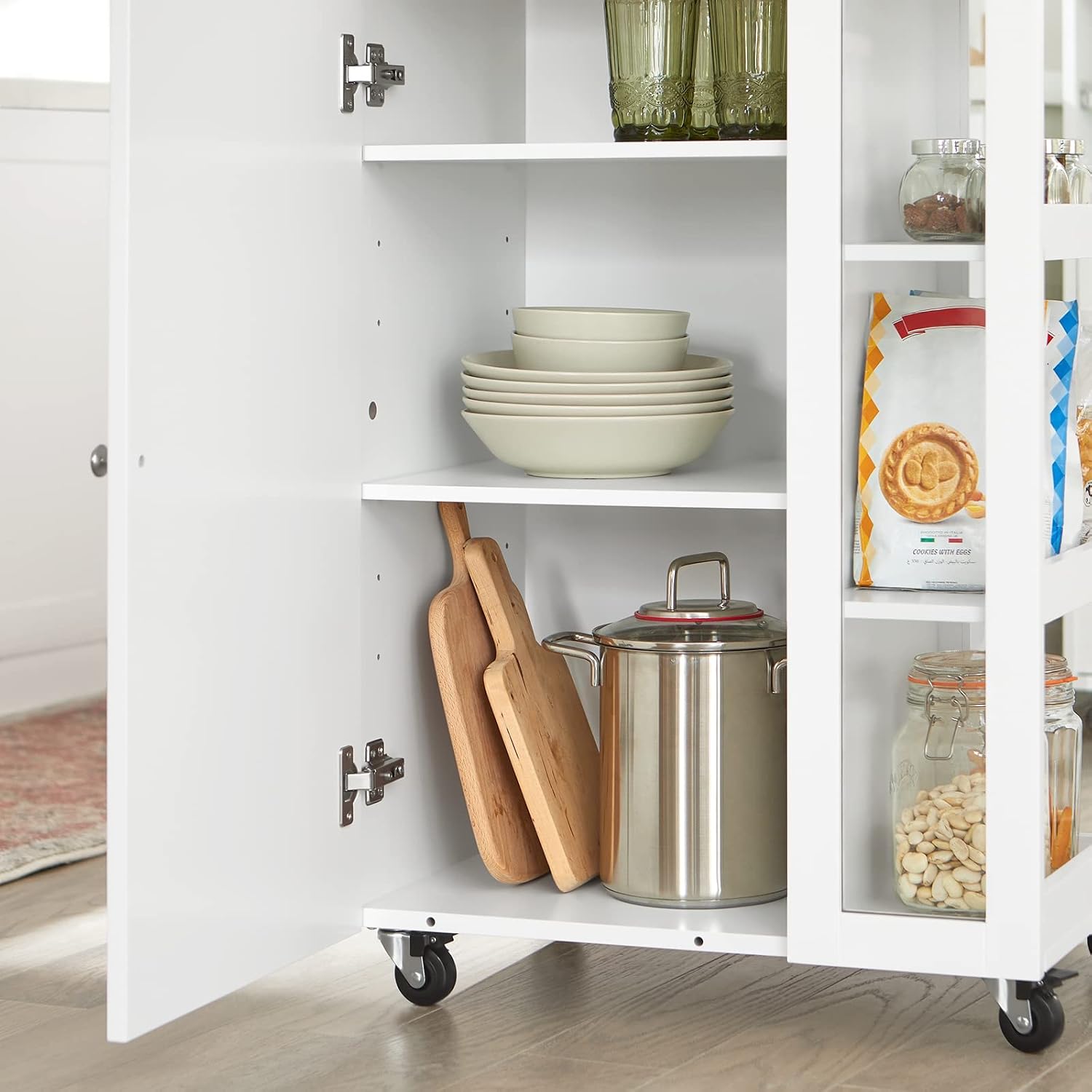 Detalle de SoBuy FKW75-WN keukentrolley met glazen deur en verstelbare planken