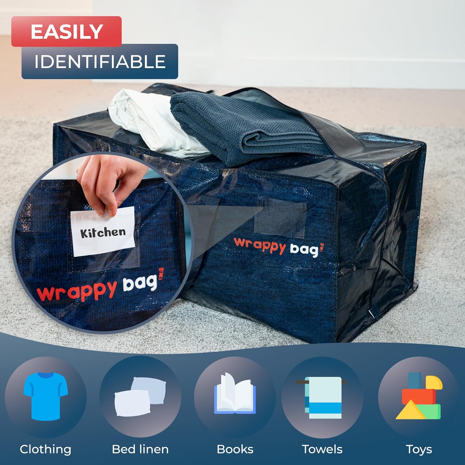 Thumbnail 3 de WRAPPYBAG Set of 4 Large Plastic Storage Bags – Jumbo XXL 76 x 36 x 38 cm with Built-in Backpack Straps