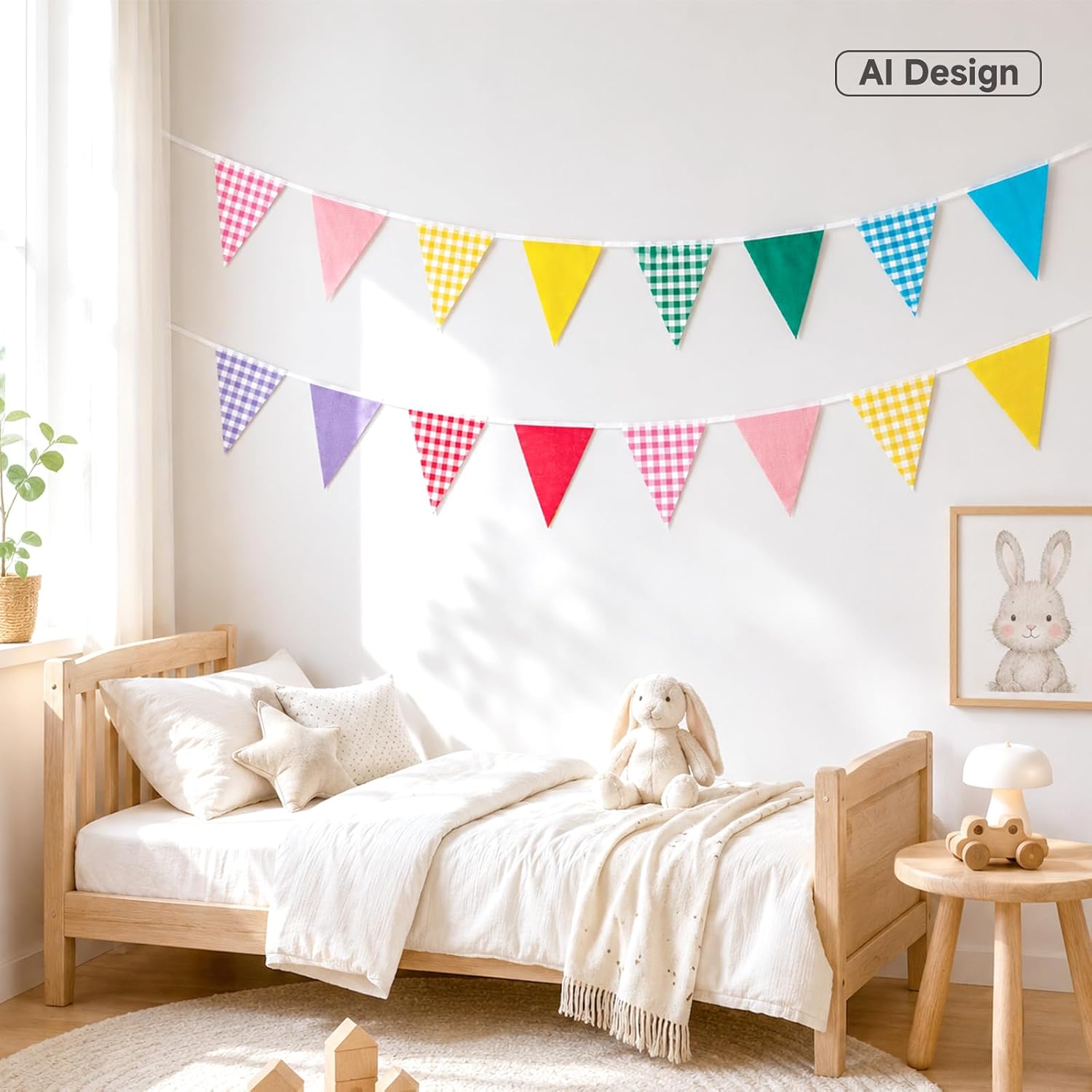 Detalle de G2PLUS Fabric Gingham Bunting Banner 10M Multicoloured – Reusable Vintage Triangle Flags
