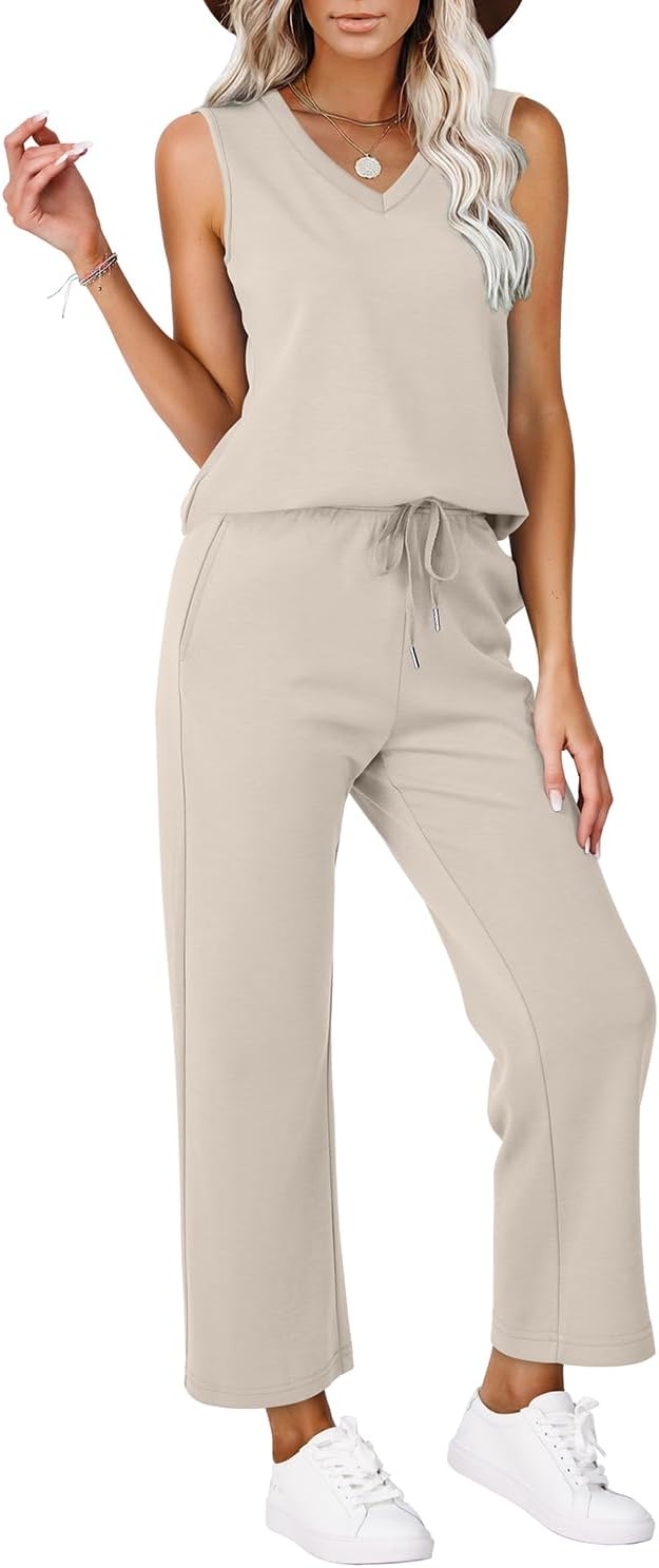 Detalle 2 de WIHOLL Two Piece Set for Women: Summer Lounge Set with V-Neck Top and Wide-Leg Pants