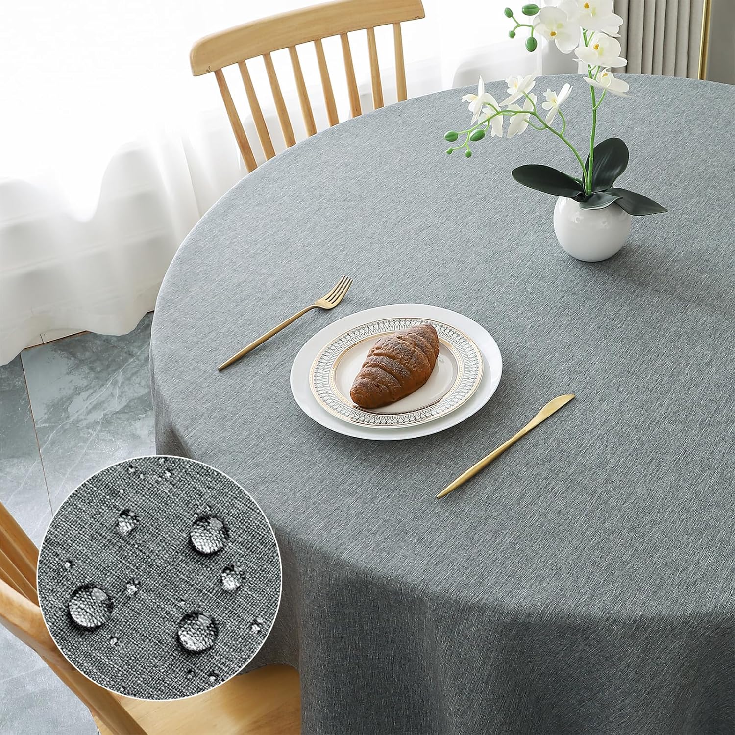 Detalle de AooHome Rundtischdecke Φ120cm Grau – Leinen-Optik, wasserabweisend, pflegeleicht
