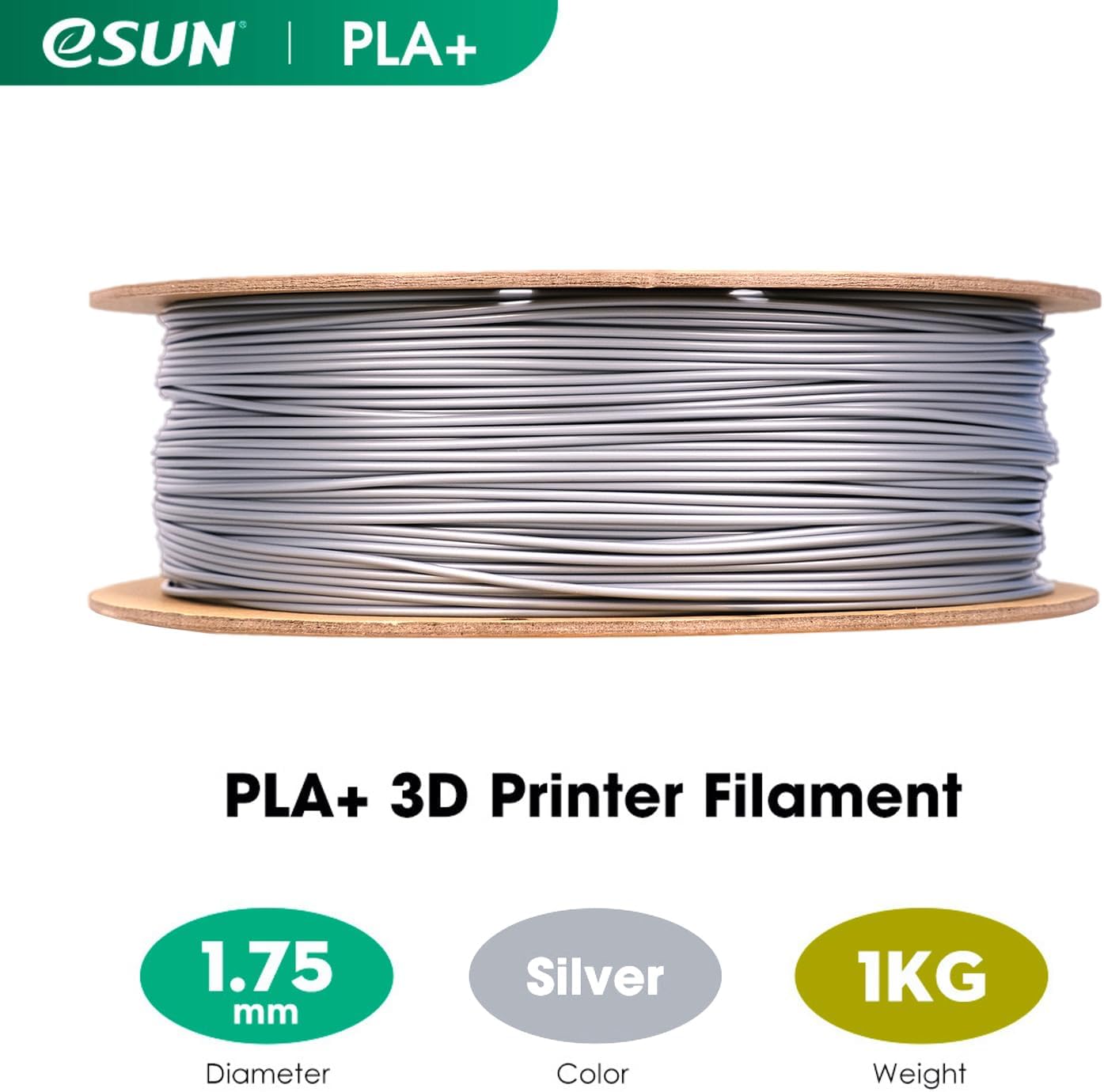 Detalle 2 de eSUN PLA+ Filament 1.75mm (Enhanced Toughness) – Silver, 1kg spool