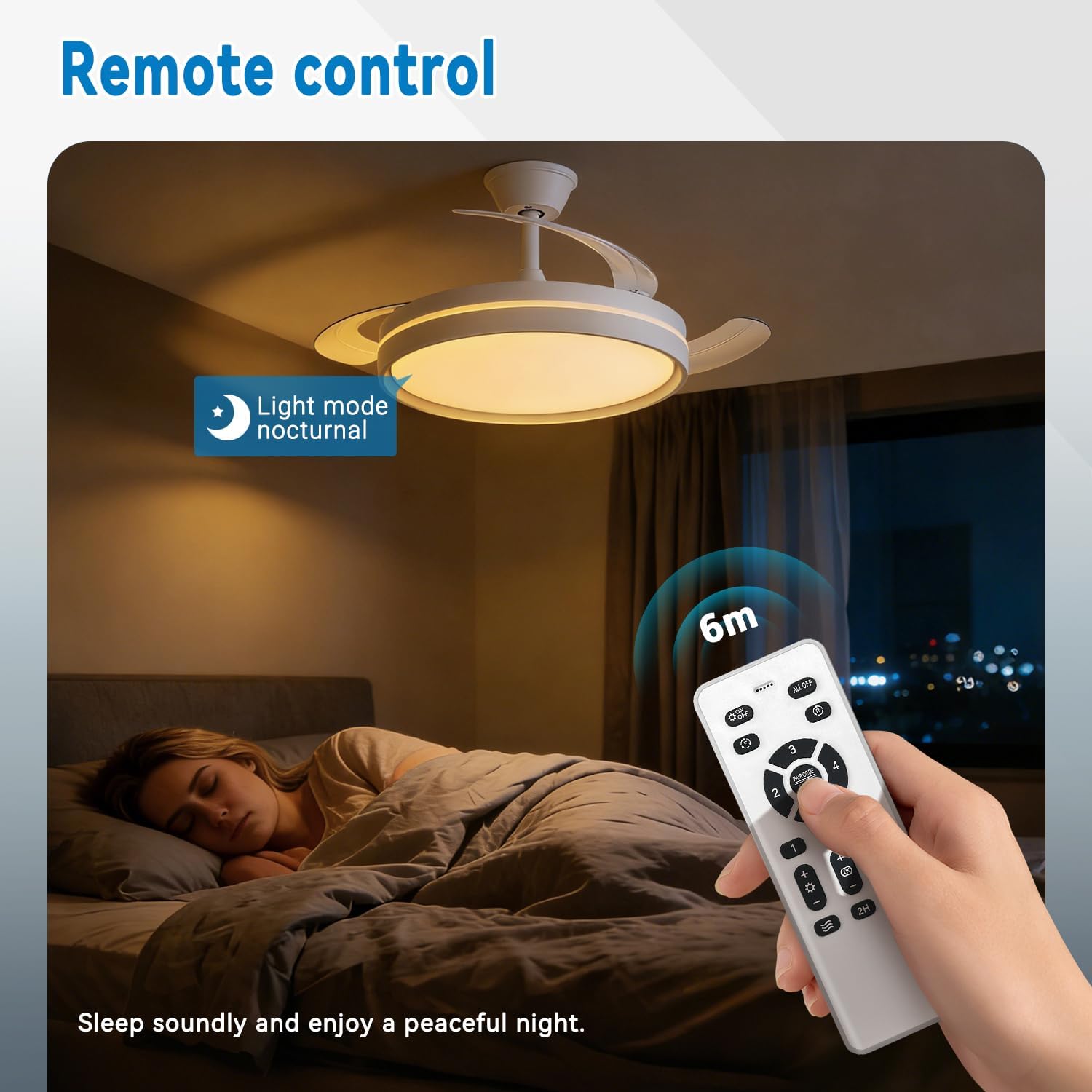 Detalle de EXTRASTAR 106 cm Ventilatore da Soffitto con Luce e Pale Retrattili: Silenzioso, 6 Velocità, Telecomando e Motore DC
