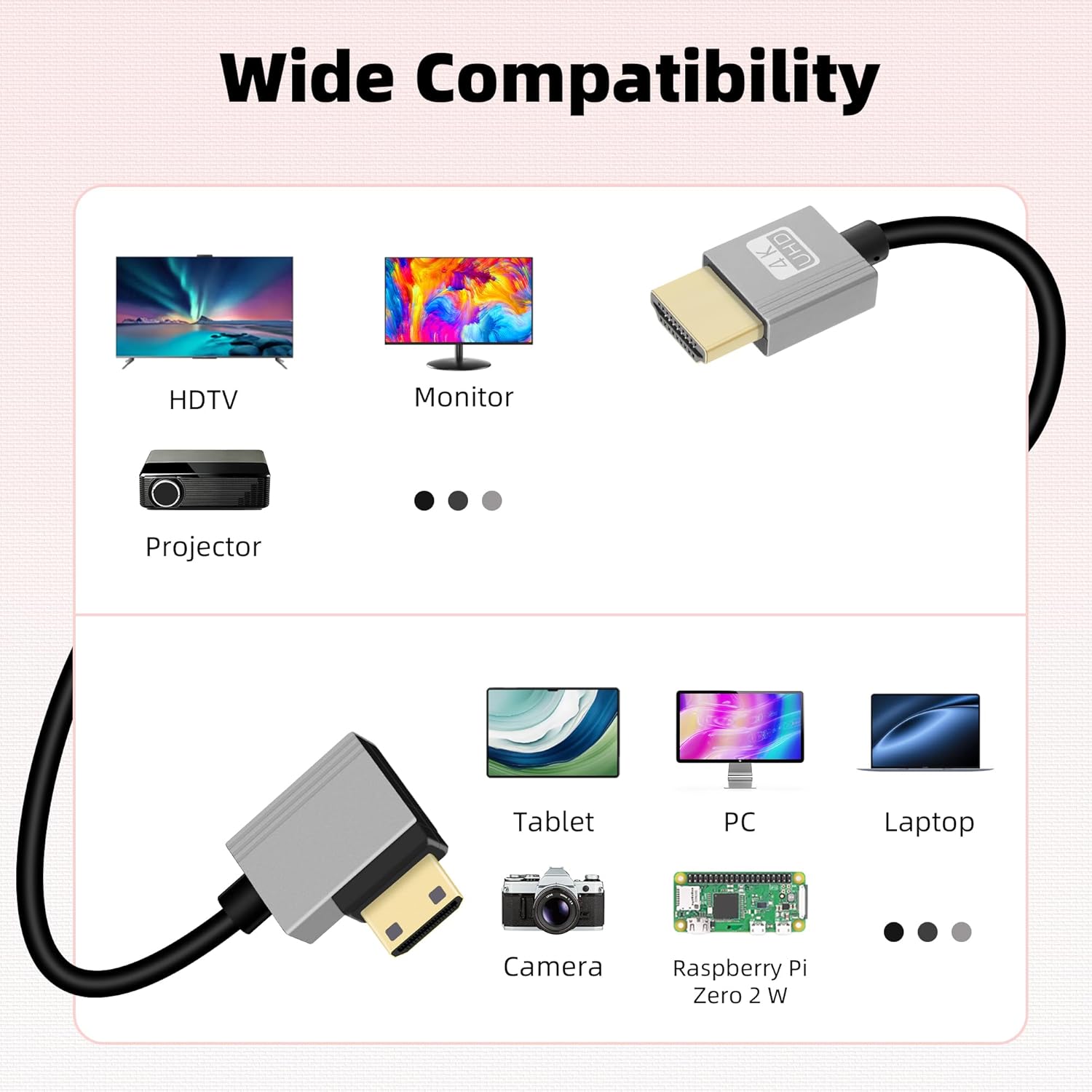 Detalle de RIIEYOCA 4K Mini HDTV to HDTV Short Coiled Cable with 90 Degree Right Angle
