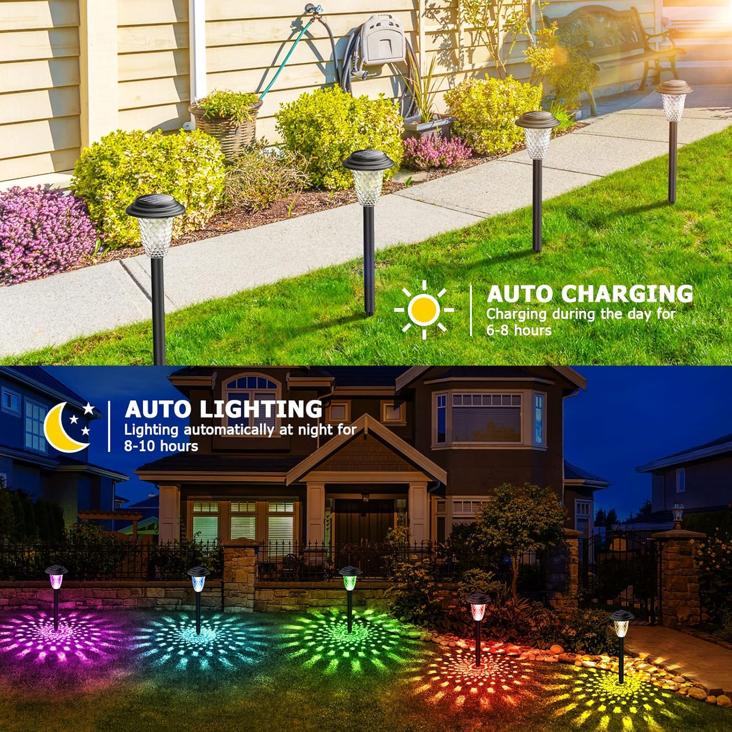 Detalle de BUCASA 8 Pièces Lampe Solaire Extérieur Jardin – Éclairage LED couleur et Blanc chaud, Étanche, sans câbles