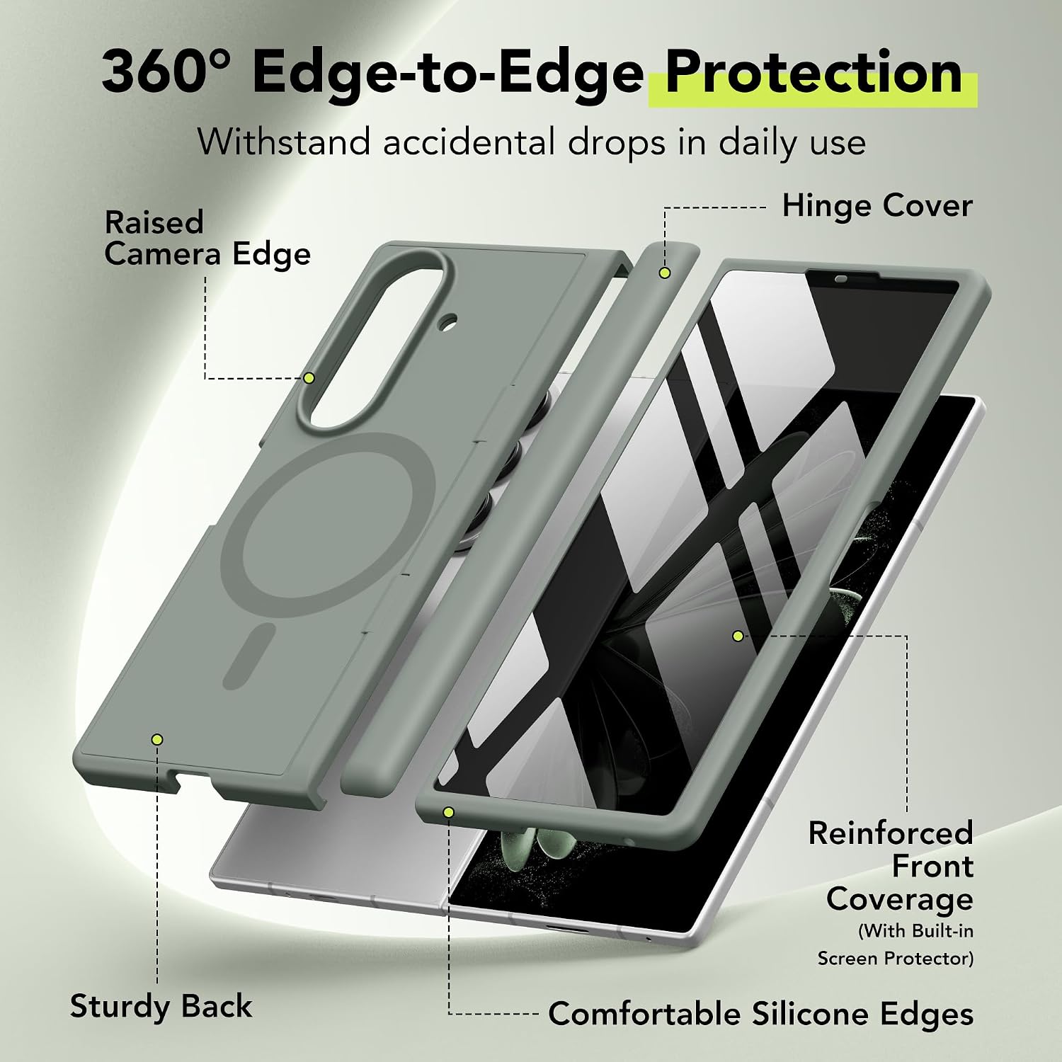 Detalle de Magnetic for Samsung Galaxy Z Fold 7 Case with Privacy Screen Protector – Liquid Silicone, Built-in Kickstand, and MagSafe Compatibility (Calke Green)