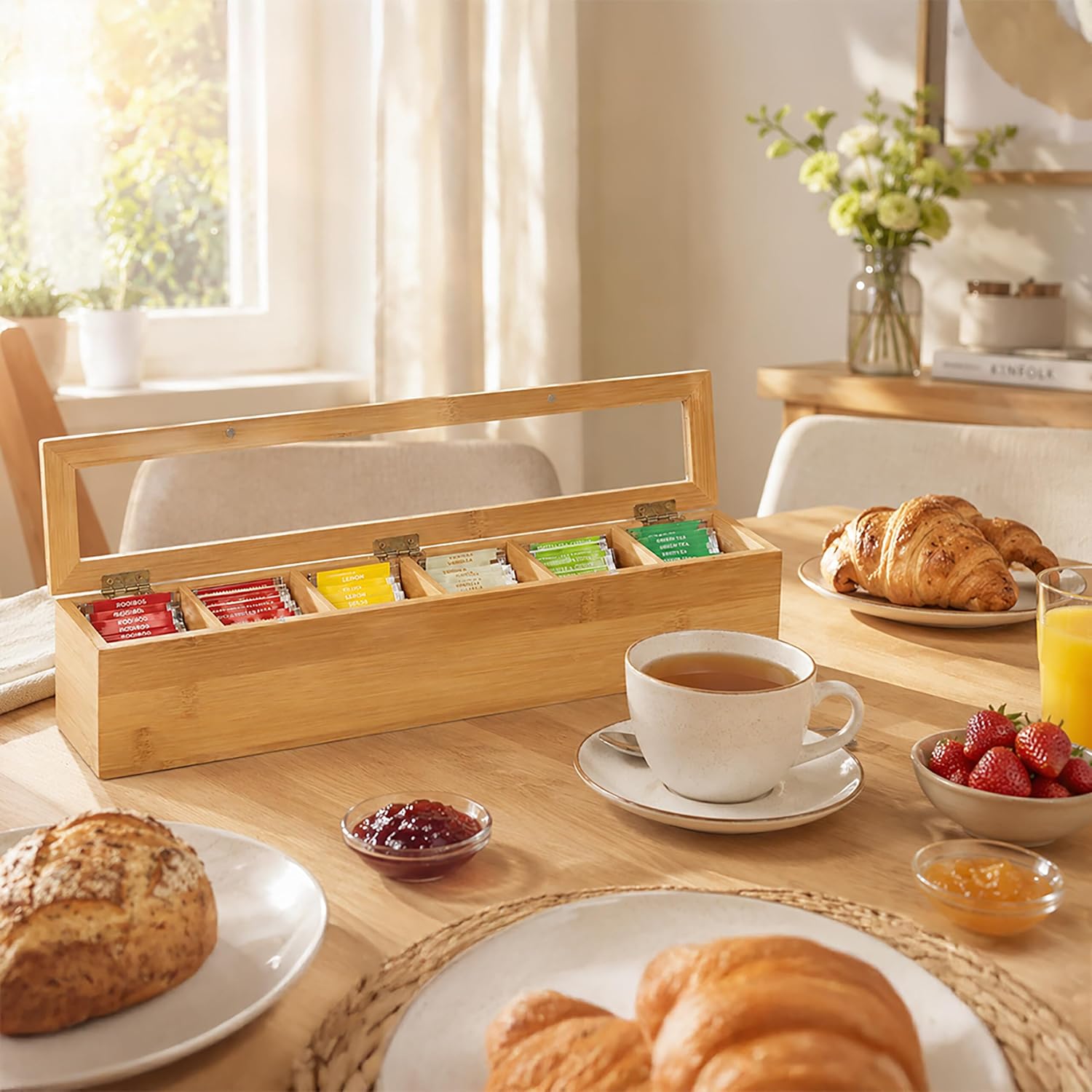 Detalle de Relaxdays Tea Box, 6 Compartments, Bamboo and Plastic, Natural