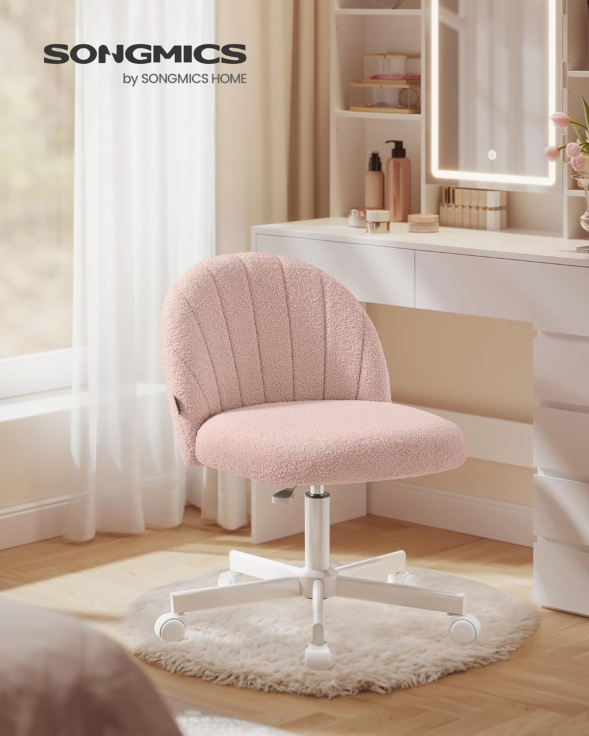 Detalle de SONGMICS Schminkstuhl OBG027SA01 – Homeoffice-Stuhl aus Fleece, höhenverstellbar, pastelrosa