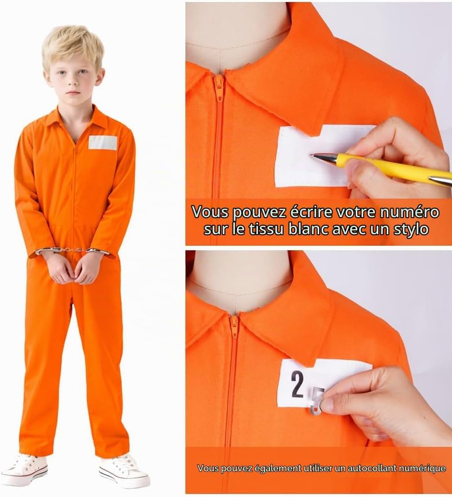 Detalle 1 de BSBUY 5133619 gevangenenkostuum voor kinderen, oranje overall met handboeien