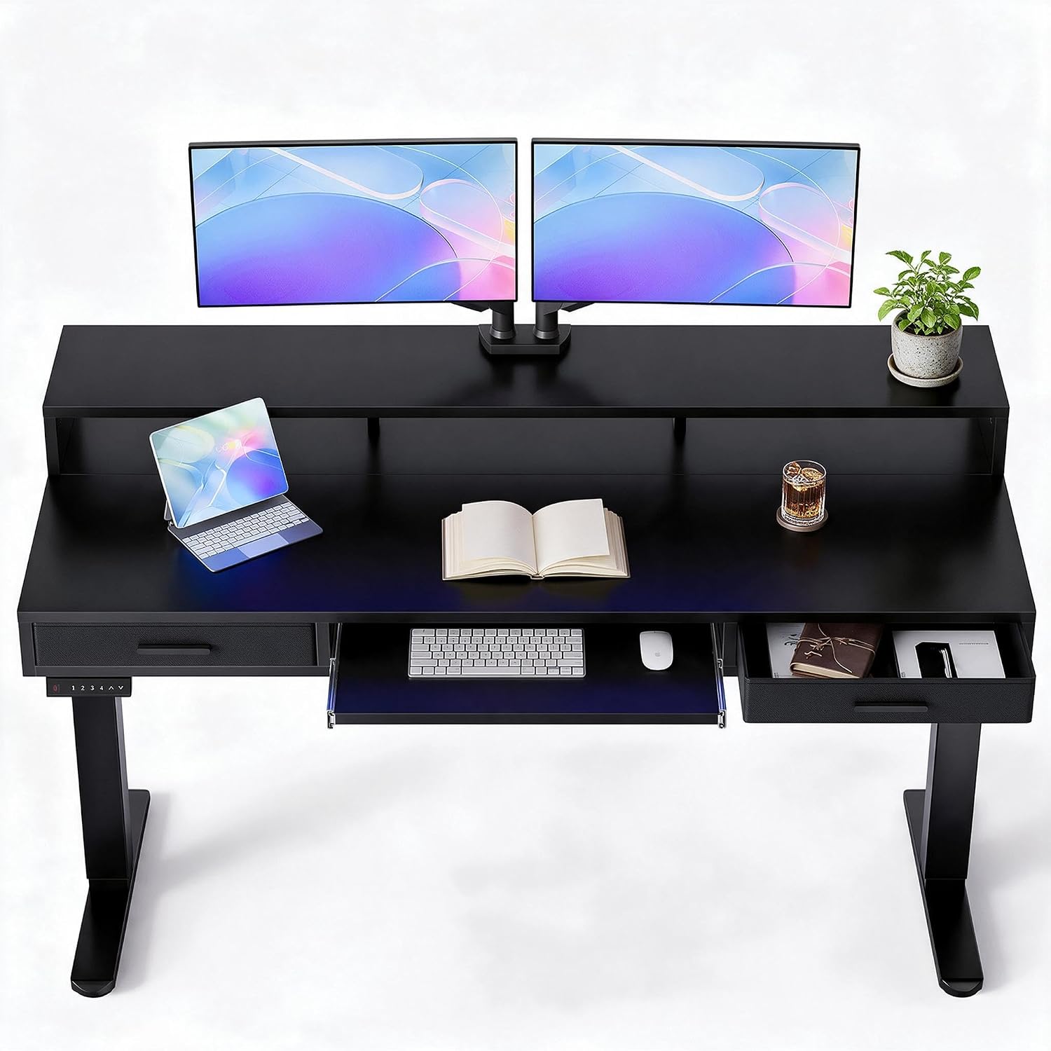 Detalle de HUANUO 63″ x 26″ Electric Standing Desk with Drawers and Keyboard Tray
