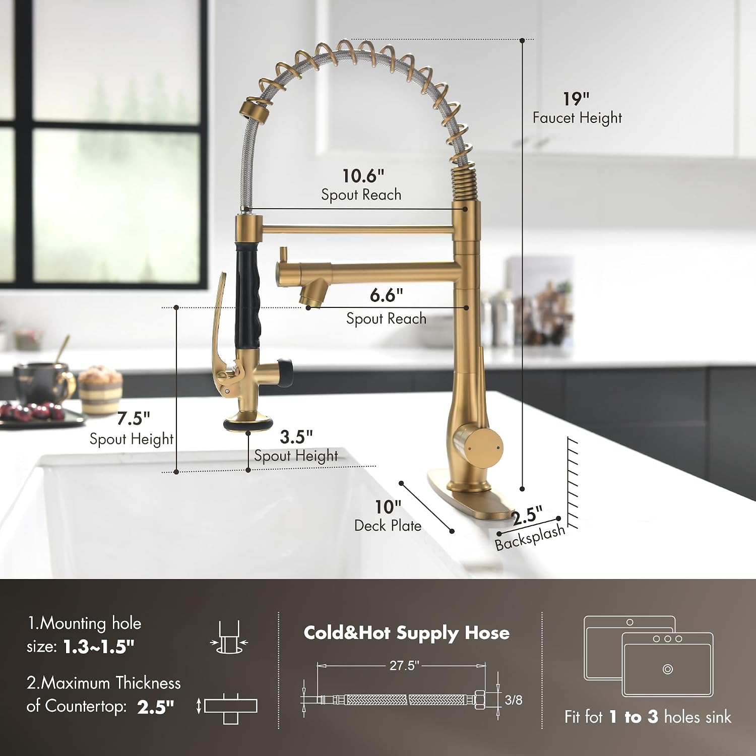Detalle 2 de GIMILI Brushed Gold Kitchen Faucet with Pull-Down Sprayer, Dual Spray Modes