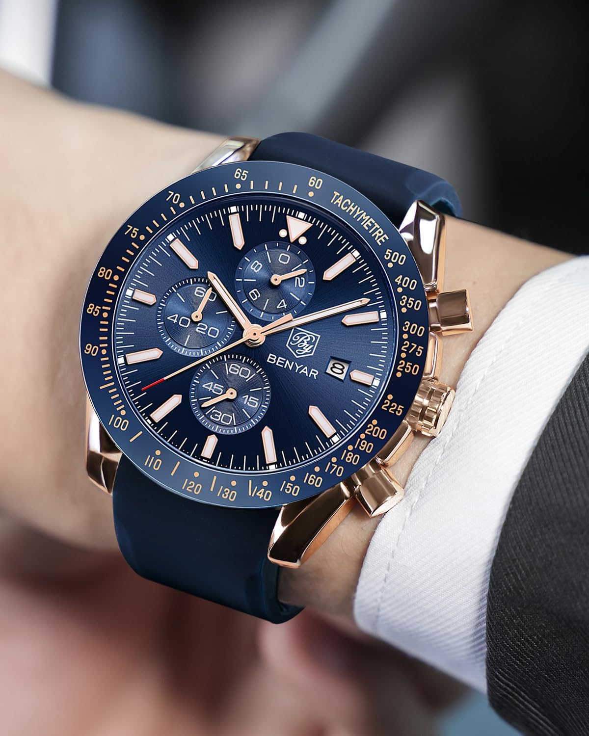 Detalle de BENYAR Herrenuhr Analog Quarz Chronograph – 45 mm, 3 Hilfszifferblätter, Datum, Silikonband, Wasserdicht bis 3 ATM