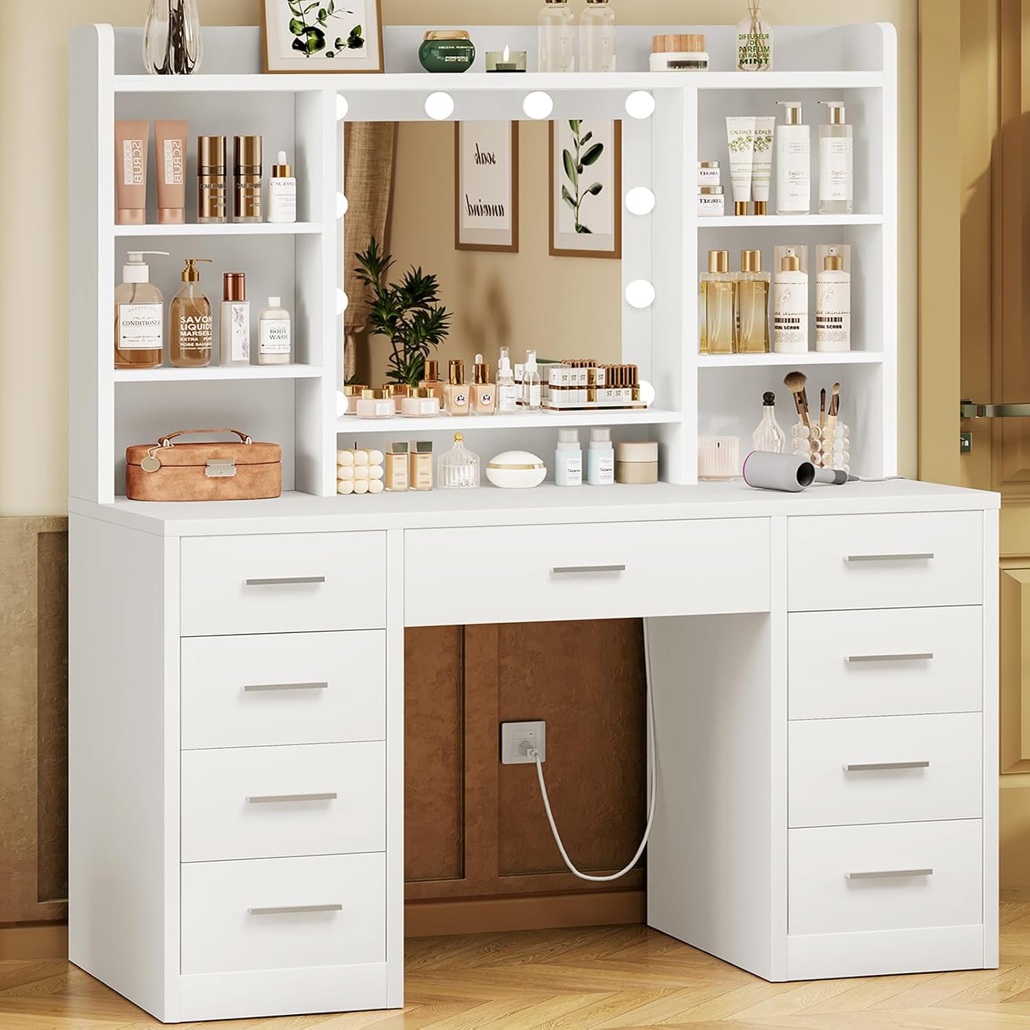 Detalle 2 de FIONESO vanity Vanity Desk with Mirror, 9 Drawers, 6 Shelves and Lights