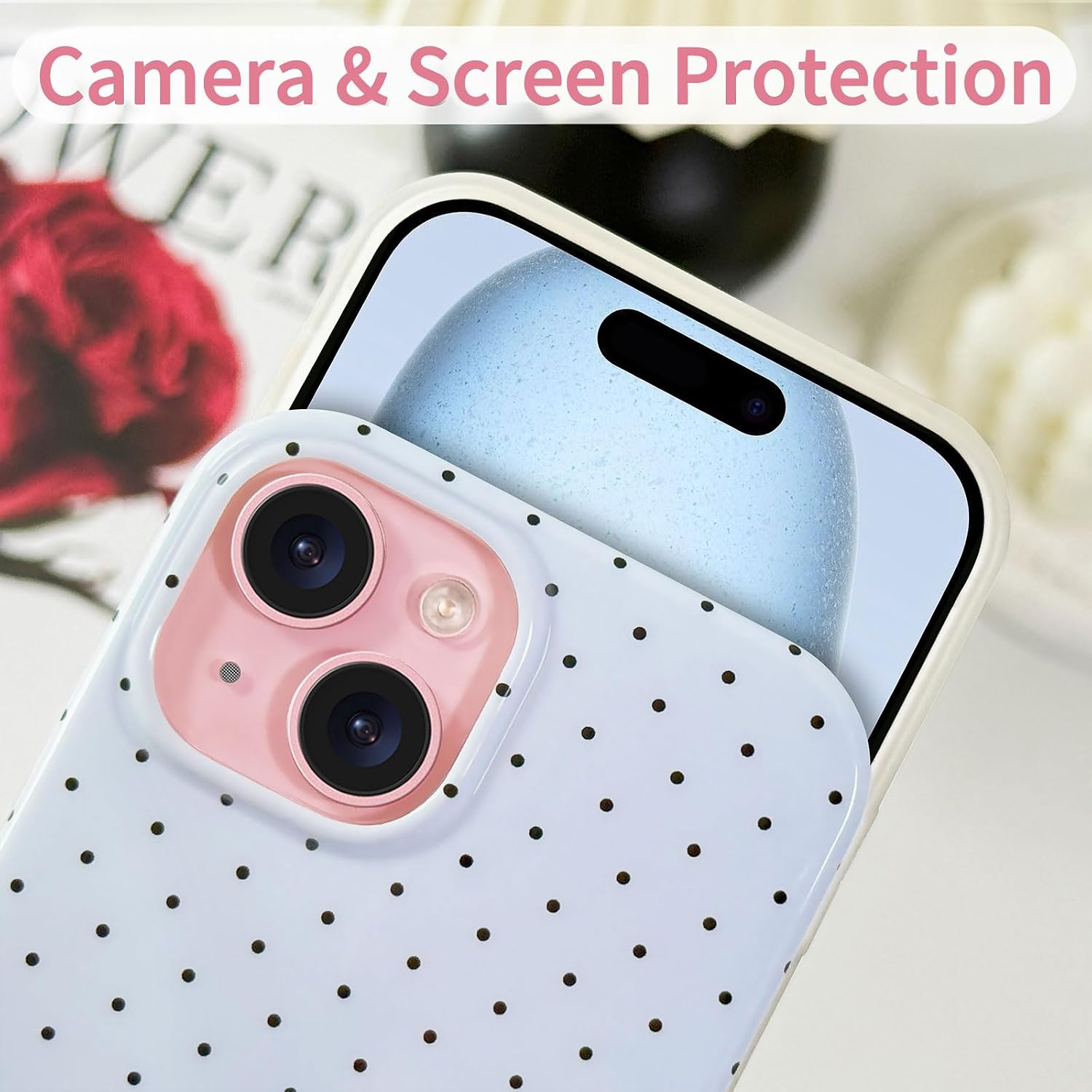 Detalle de Hython for iPhone 15 Case, Blue Slim TPU Cover with Polka Dot Design
