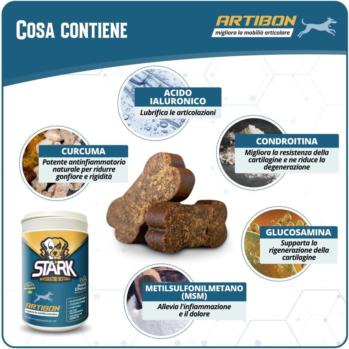 Thumbnail 4 de Stark Artibon – Integratore per articolazioni del cane con acido ialuronico, glucosamina, condroitina, MSM e curcuma (60 bocconcini)