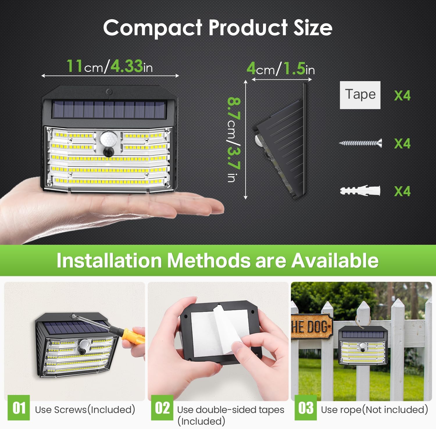 Detalle 2 de CLAONER Solar Security Lights Outdoor (126 LEDs) with PIR Motion Sensor, IP65, 4-Pack