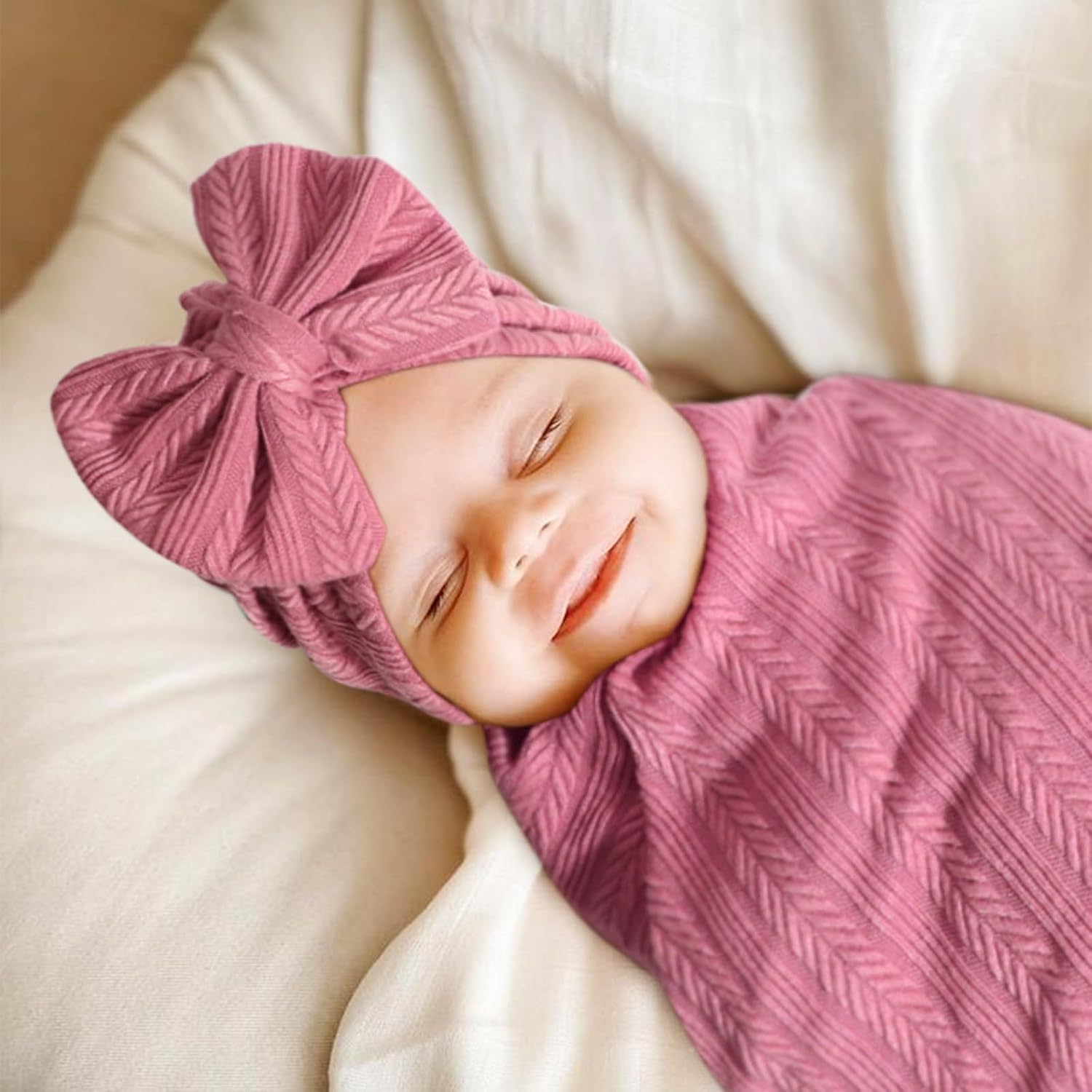 Detalle de DRESHOW newborn receiving blanket set with bow hat and bow headband for girls