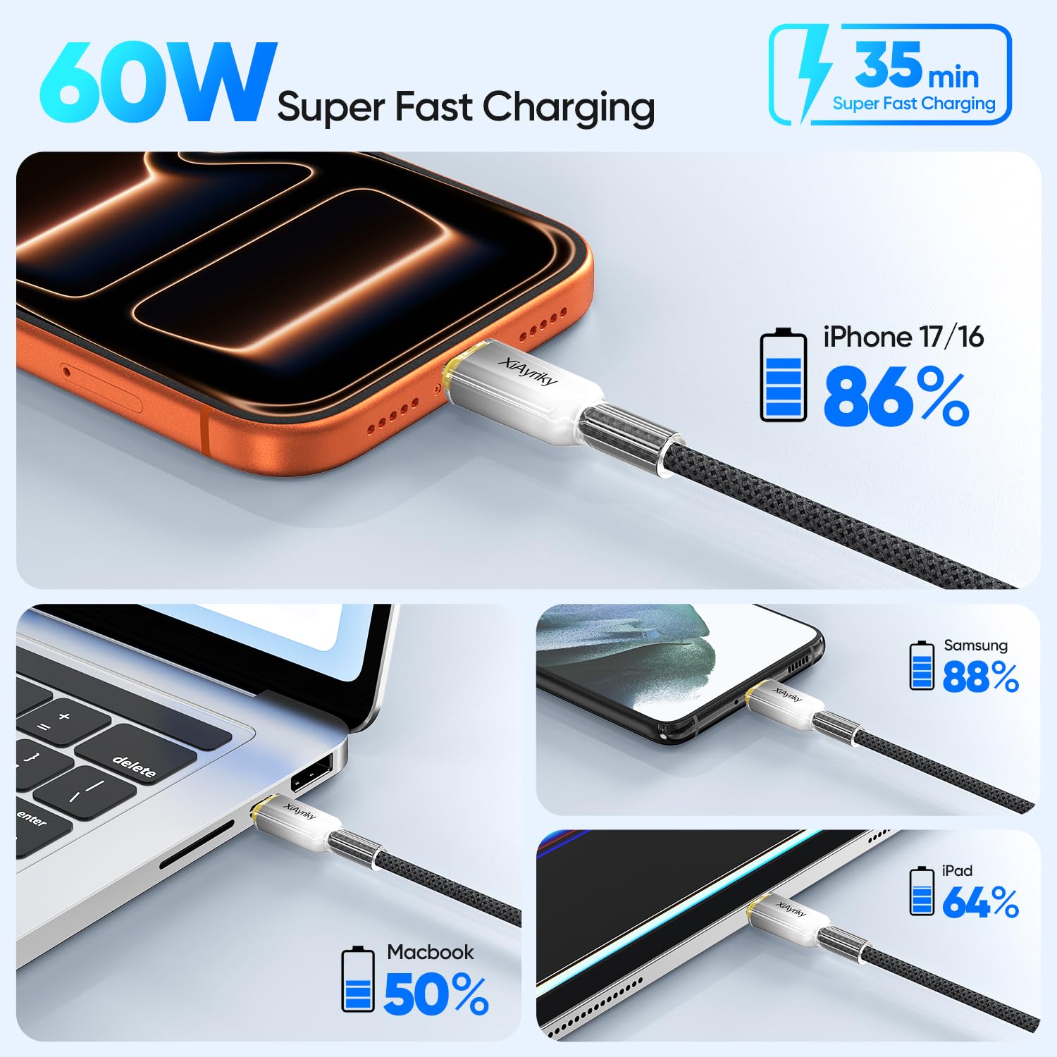 Thumbnail 6 de 15FT USB-C Cable with 60W Fast Charging and 480Mbps Data Transfer – Braided Grey, 15 ft