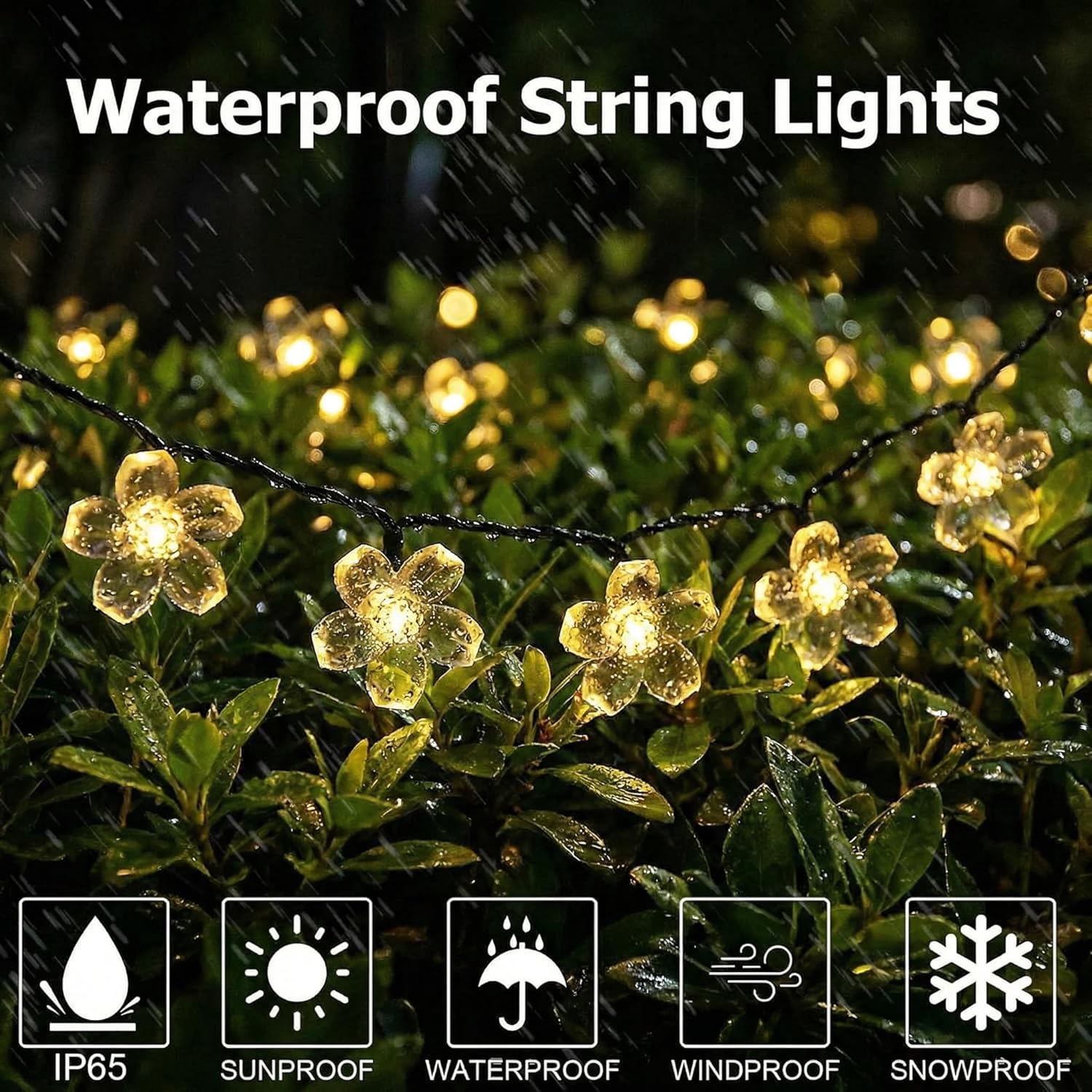 Detalle 2 de BG9D guirnalda solar exterior de flores de cerezo, 11 m y 60 LED con 8 modos e IP44