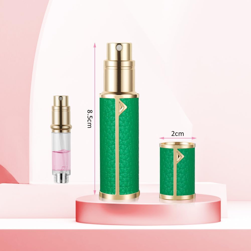 Detalle de LOPHE flacone spray profumo da viaggio 5 ml con ricarica e nebulizzatore in PU motivo litchi (verde)