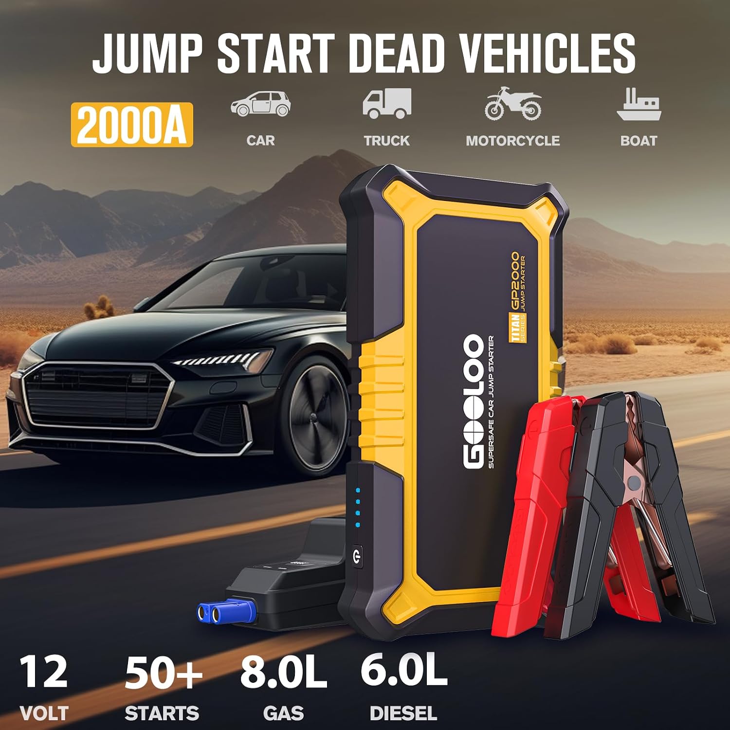 Detalle 2 de GOOLOO GP2000-2000A Portable Car Jump Starter with USB Outputs and LED Light