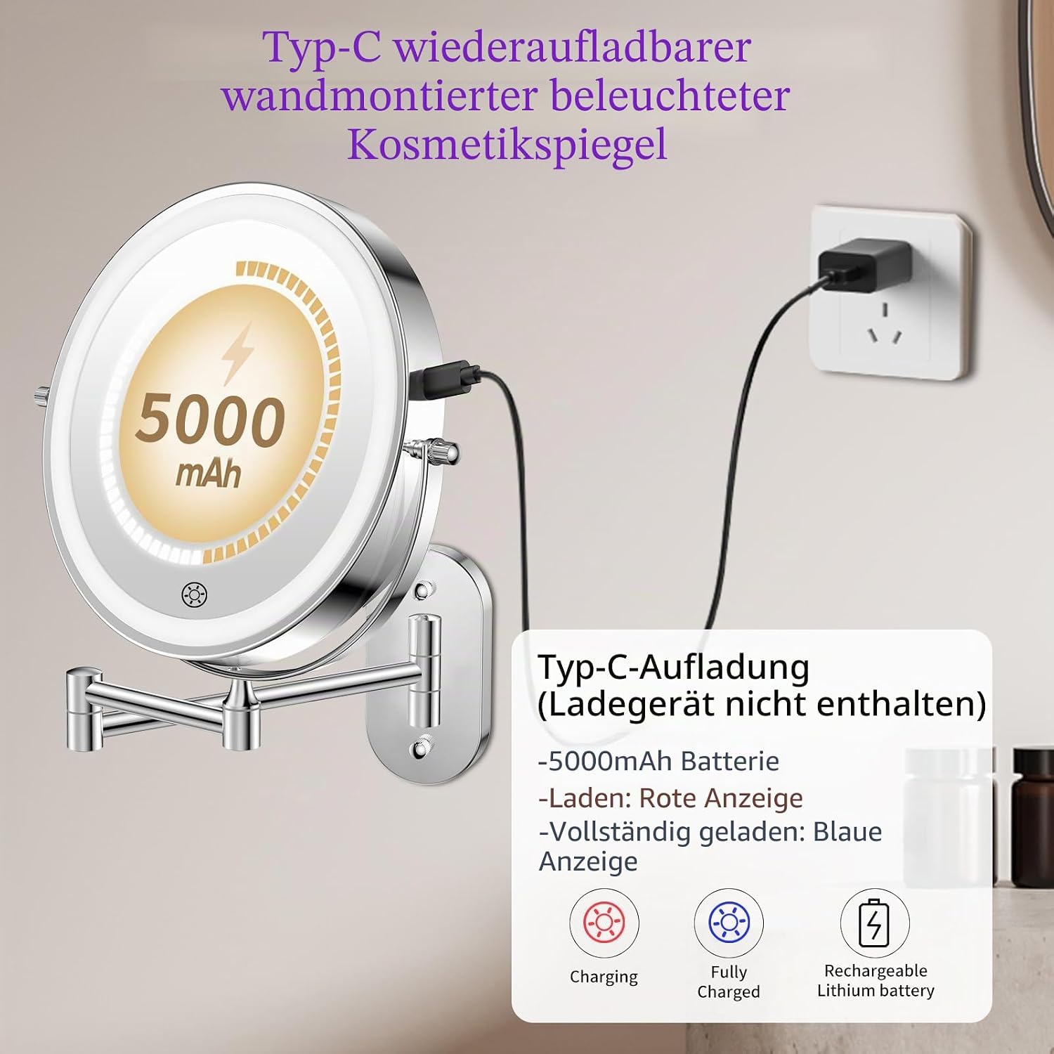 Thumbnail 1 de FUNTOUCH Kosmetikspiegel mit Beleuchtung, 4000 mAh Akku, 1x/30x Vergrößerung und dimmbarem Licht