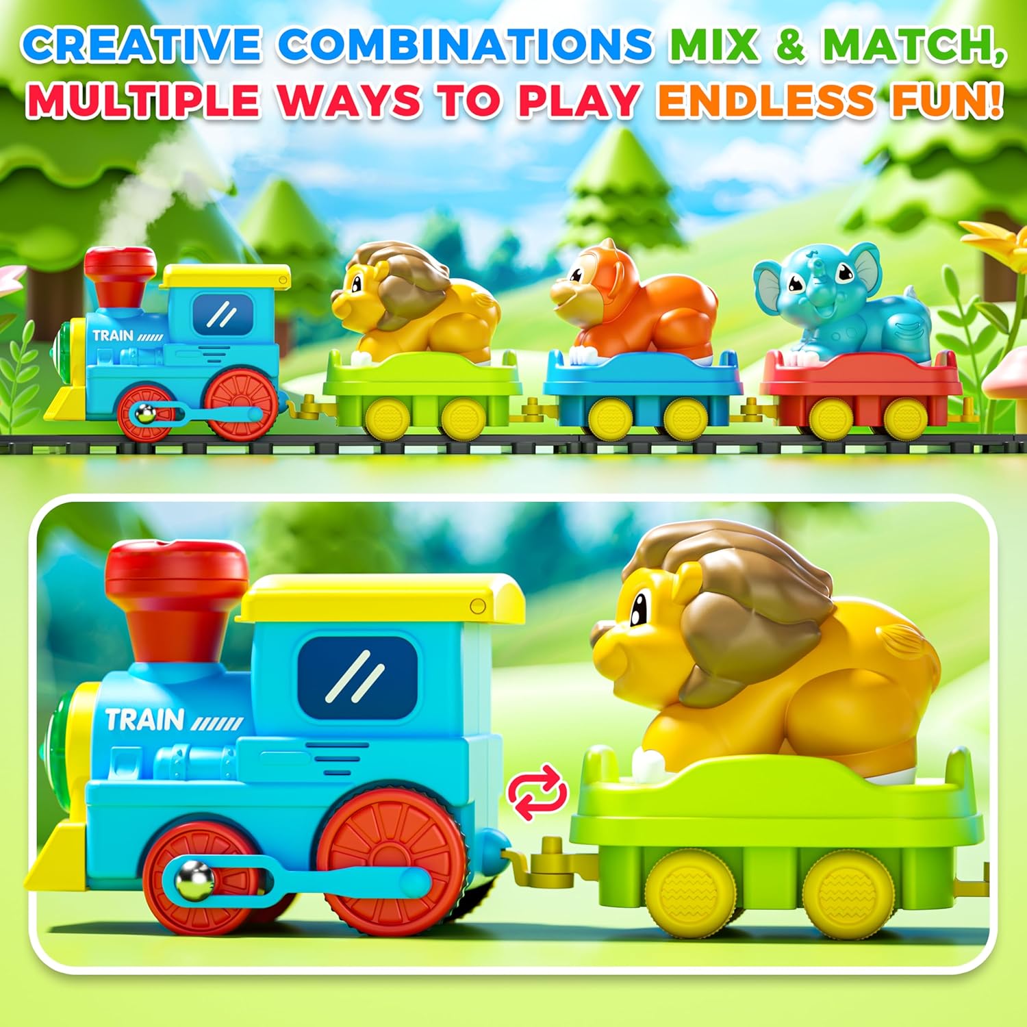 Thumbnail 5 de Toddler Steam Electric Train Set with Music & Lights (with Tracks Accessories) and 3 Animal Cars