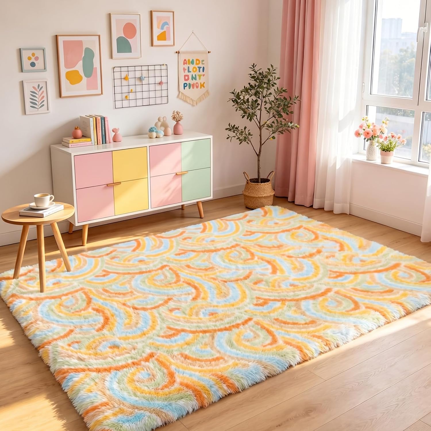 Detalle de Enyhom Teppich Wohnzimmer Hochflor Regenbogenmuster, 120 x 160 cm, Orange – rutschfest und waschbar