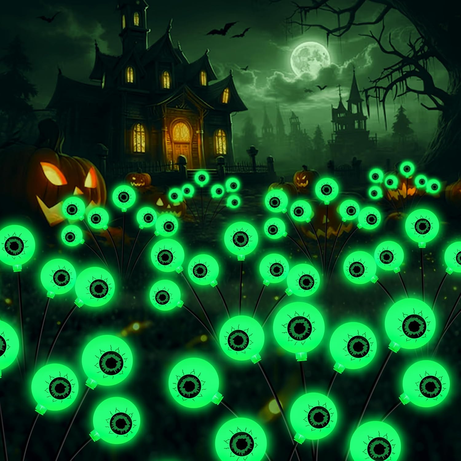 Detalle de Kohlrabi 4-Pack Solar Halloween Eyeball Lights, Green 24-LED Swaying Outdoor Stakes