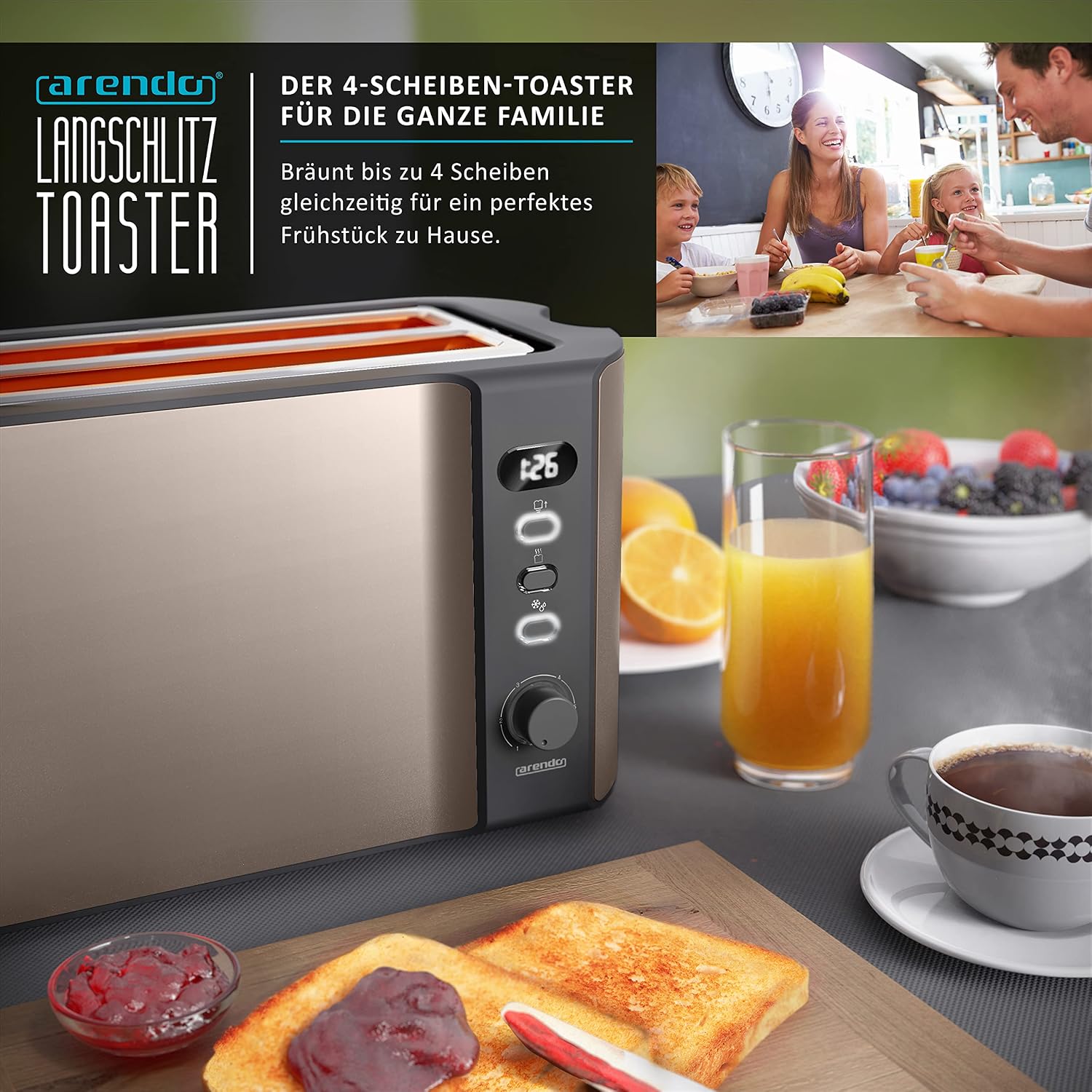 Detalle de arendo Edelstahl-Toaster Langschlitz für 4 Scheiben mit Auftaufunktion und Restzeitanzeige (Bronze Design)