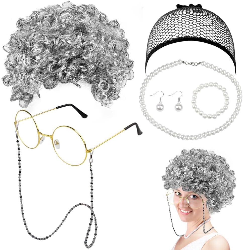 EMAGEREN 7 Pcs Old Lady Cosplay Set: Granny Wig, Glasses & Accessories for Halloween